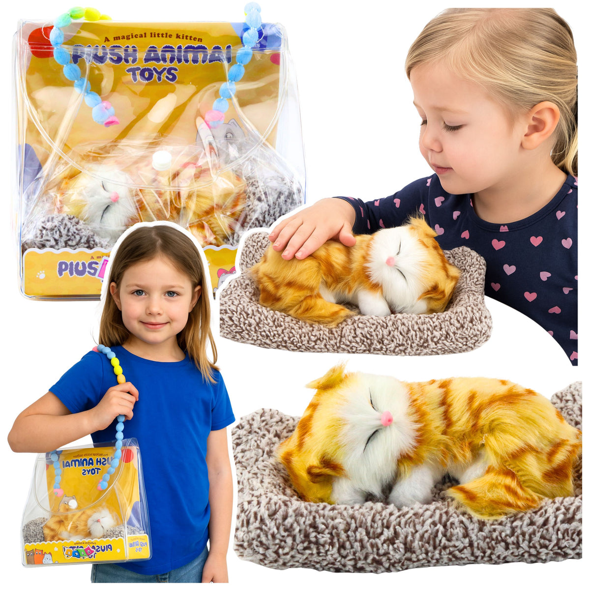 Sleeping Ginger Cat On A Pillow Figurine With Fur Bag Sounds