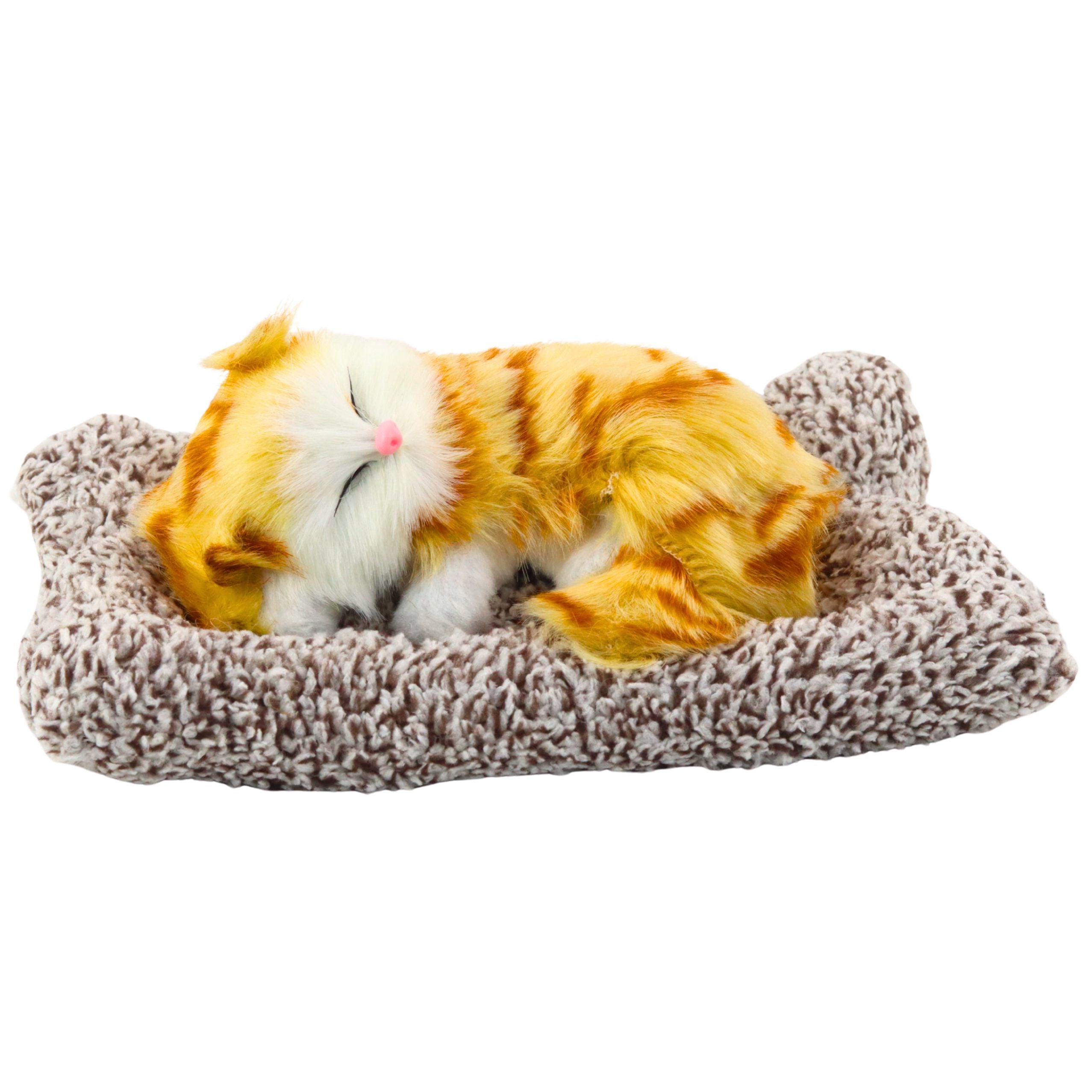 Sleeping Ginger Cat On A Pillow Figurine With Fur Bag Sounds