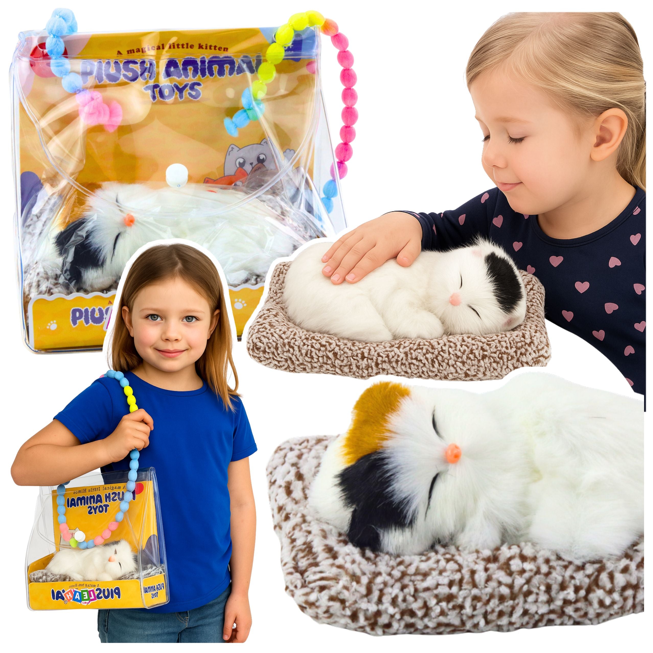 Sleeping White Cat On A Pillow Figurine With Fur Bag Sounds