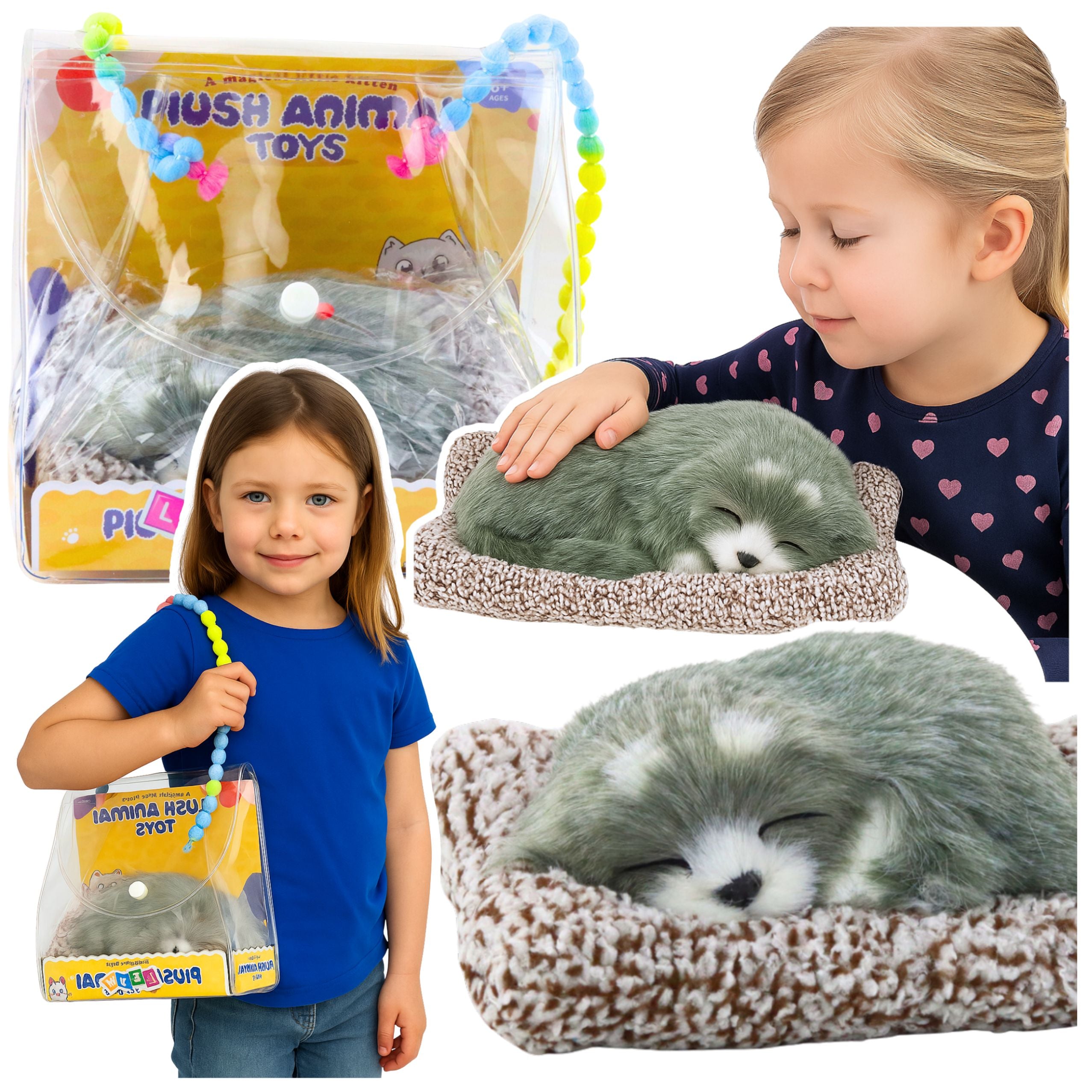 Sleeping Husky Dog On A Pillow Figurine With Fur Bag Sounds