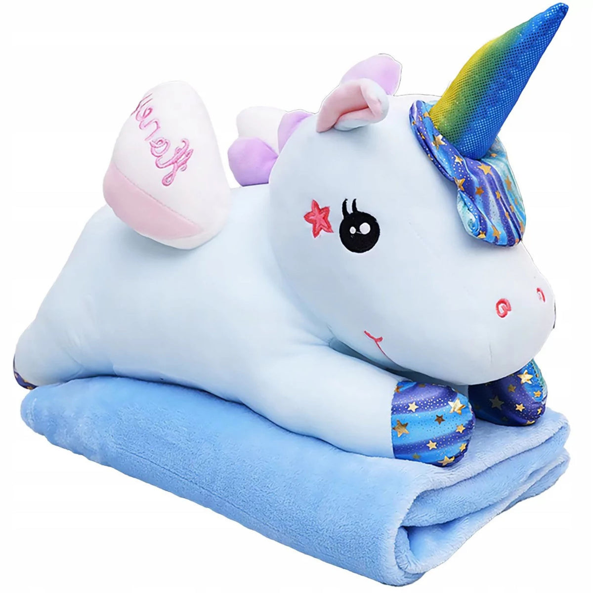 Plush Unicorn Cuddly Toy With Blanket 160x110cm Blue 55cm