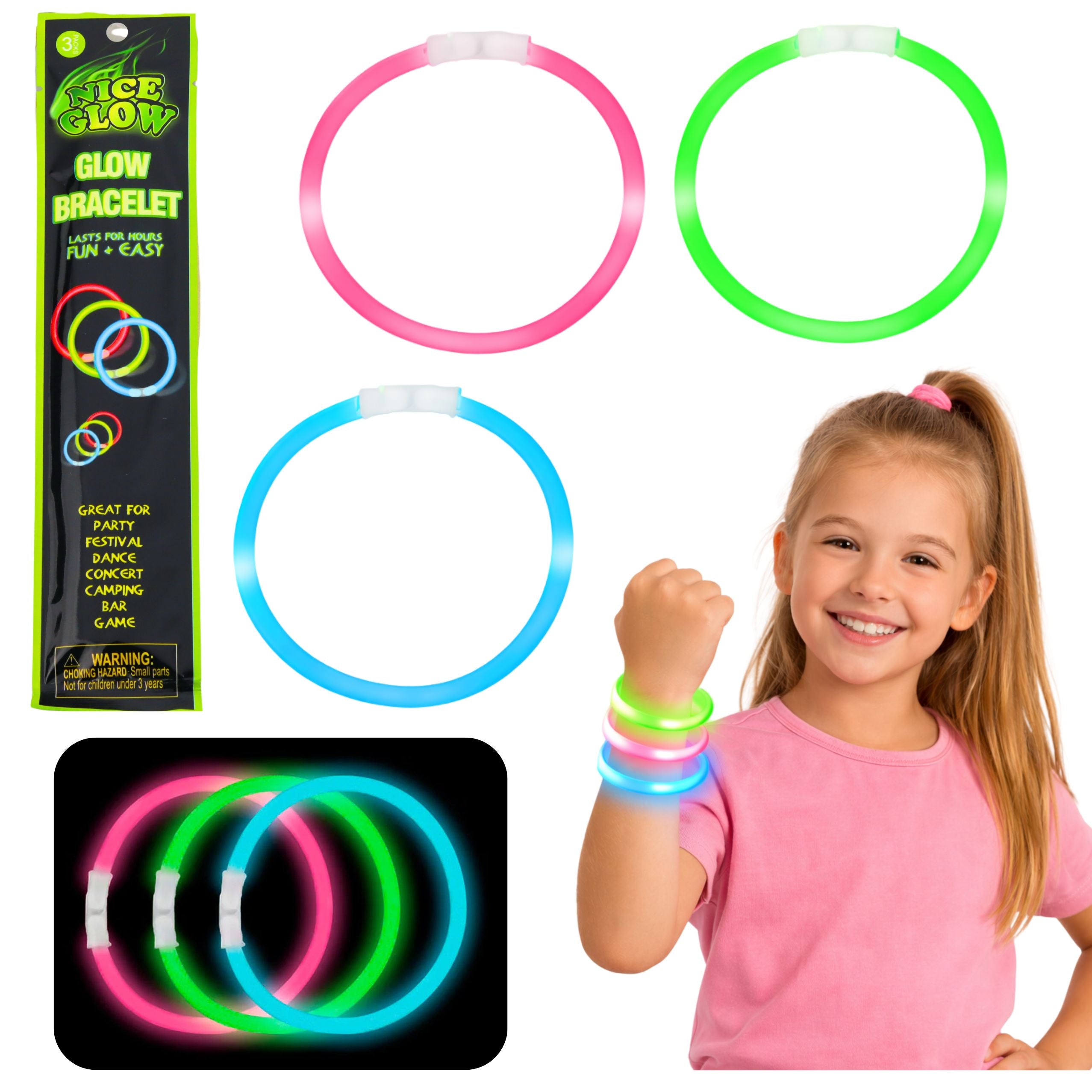 Glow In The Dark Neon Stick Fluorescent Bracelets Wristbands 3 Pcs.