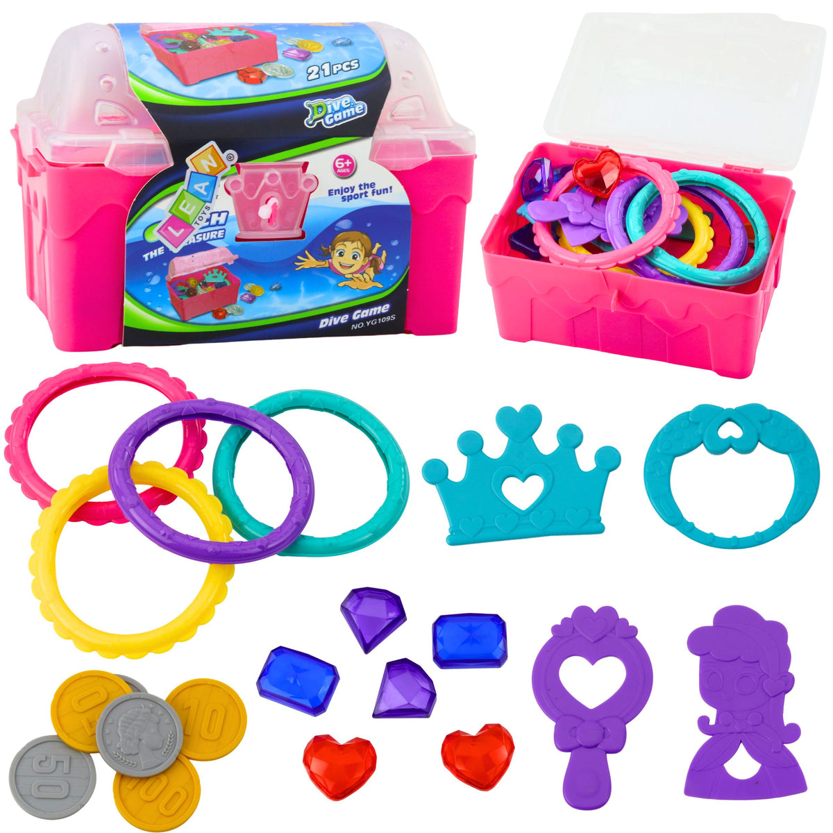 Set scrigno del tesoro per immersioni e divertimento in acqua Rosa 21 pz.