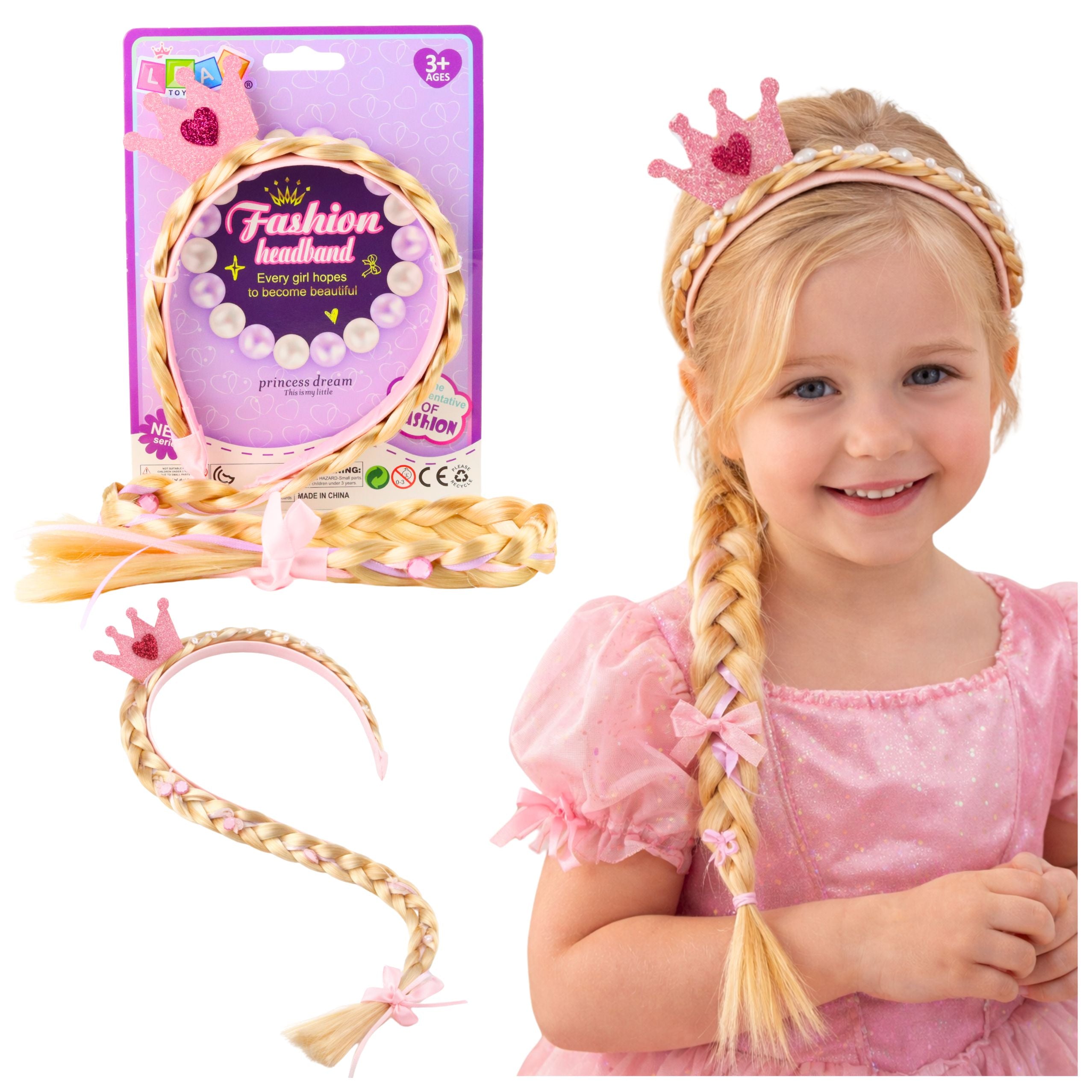 Headband With Long Braid Pink Ribbon Diamonds Crown 50 Cm