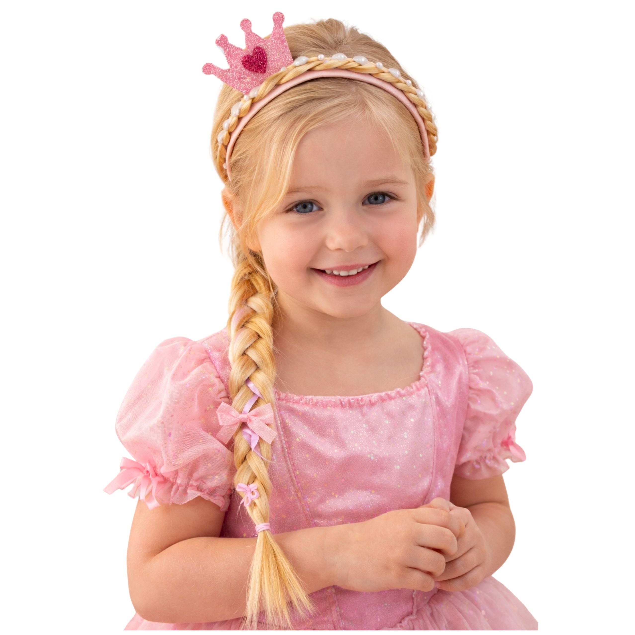 Headband With Long Braid Pink Ribbon Diamonds Crown 50 Cm