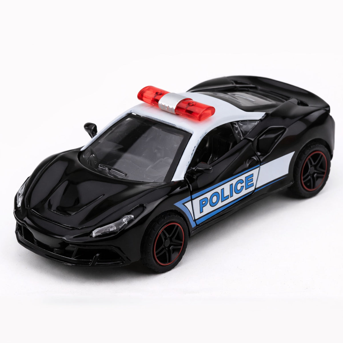 Sports Car Police Car With Motorized Metal Pull-back Black 1:43