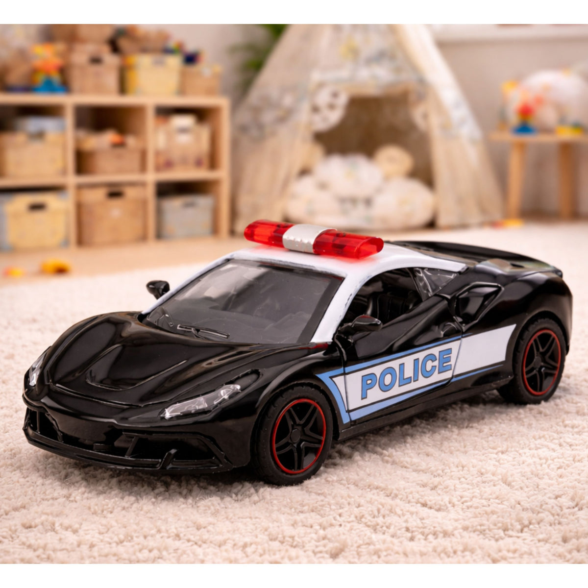 Sports Car Police Car With Motorized Metal Pull-back Black 1:43