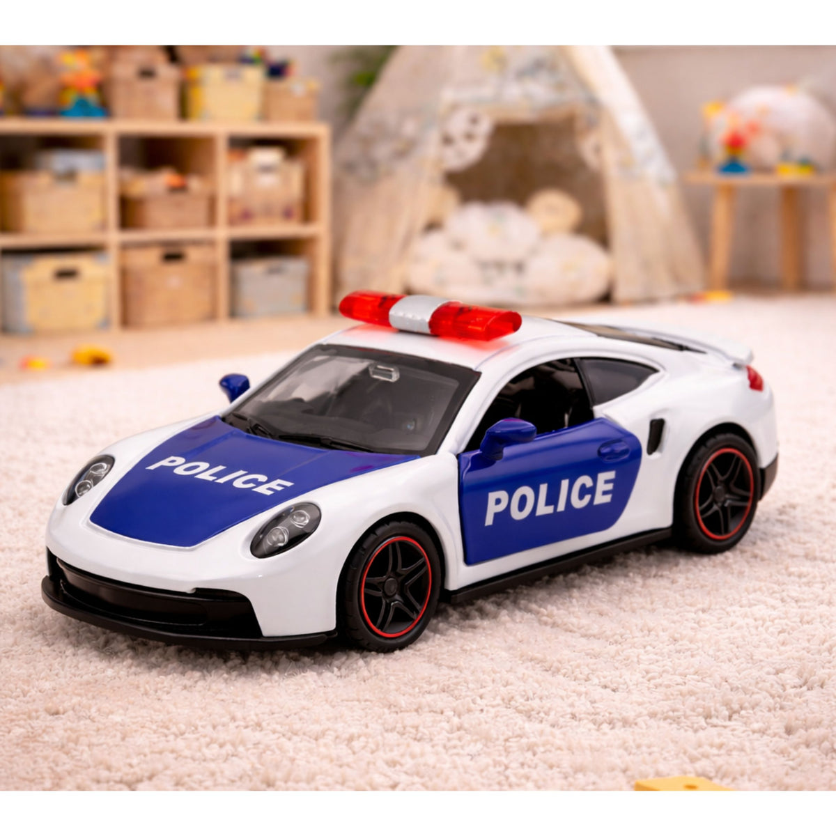 Sports Car Police Car With Motorized Metal Pull-back White 1:43