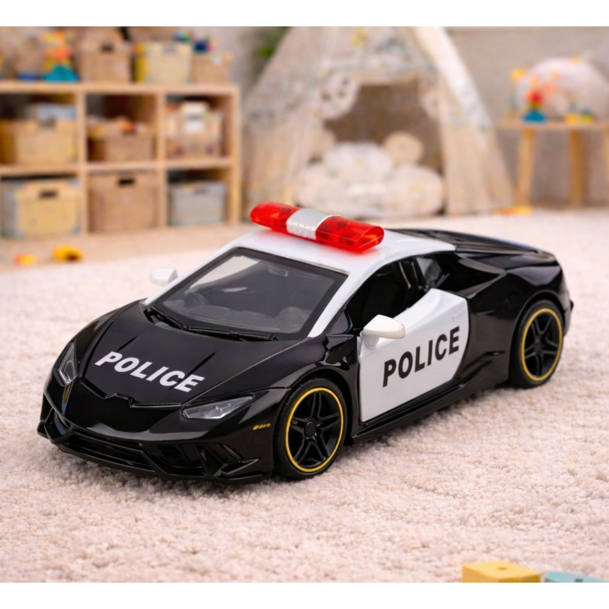 Police Car Sports Car With Motorized Metal Pull-back Black 1:43