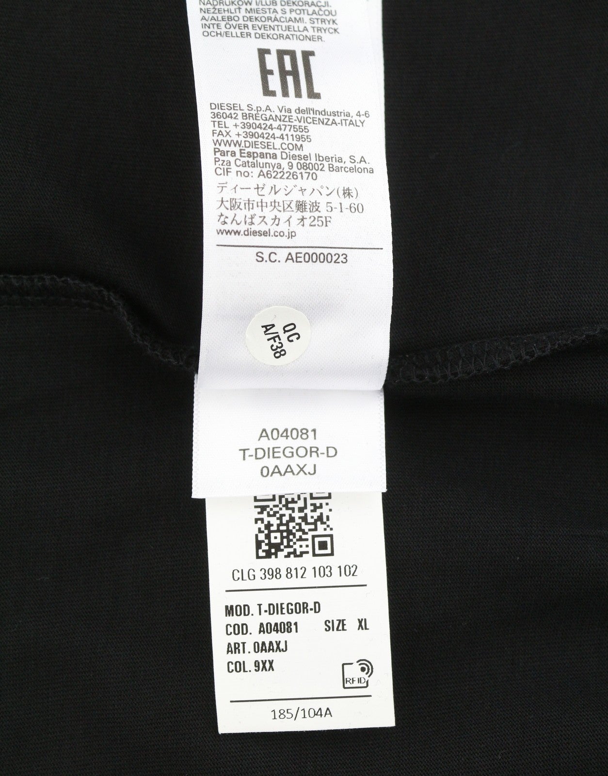 Diesel T-diegor-d Hombre Camisetanegro Algodón Tricot Cuello Redondo Manga Corta