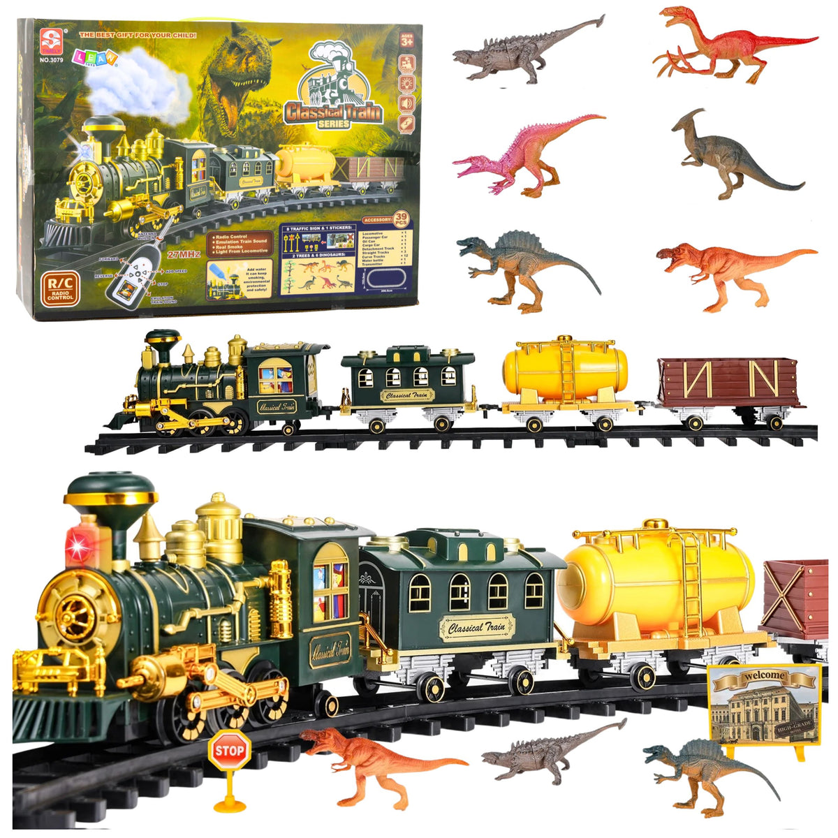 Luzes de dinossauros de trem clássico sons de fumaça 39 unidades.