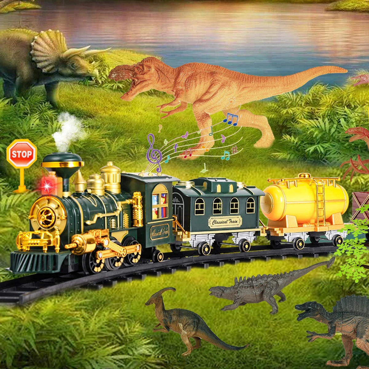 Luzes de dinossauros de trem clássico sons de fumaça 39 unidades.