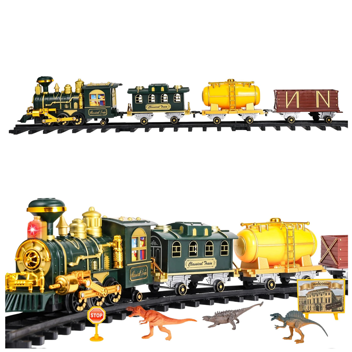 Luzes de dinossauros de trem clássico sons de fumaça 39 unidades.