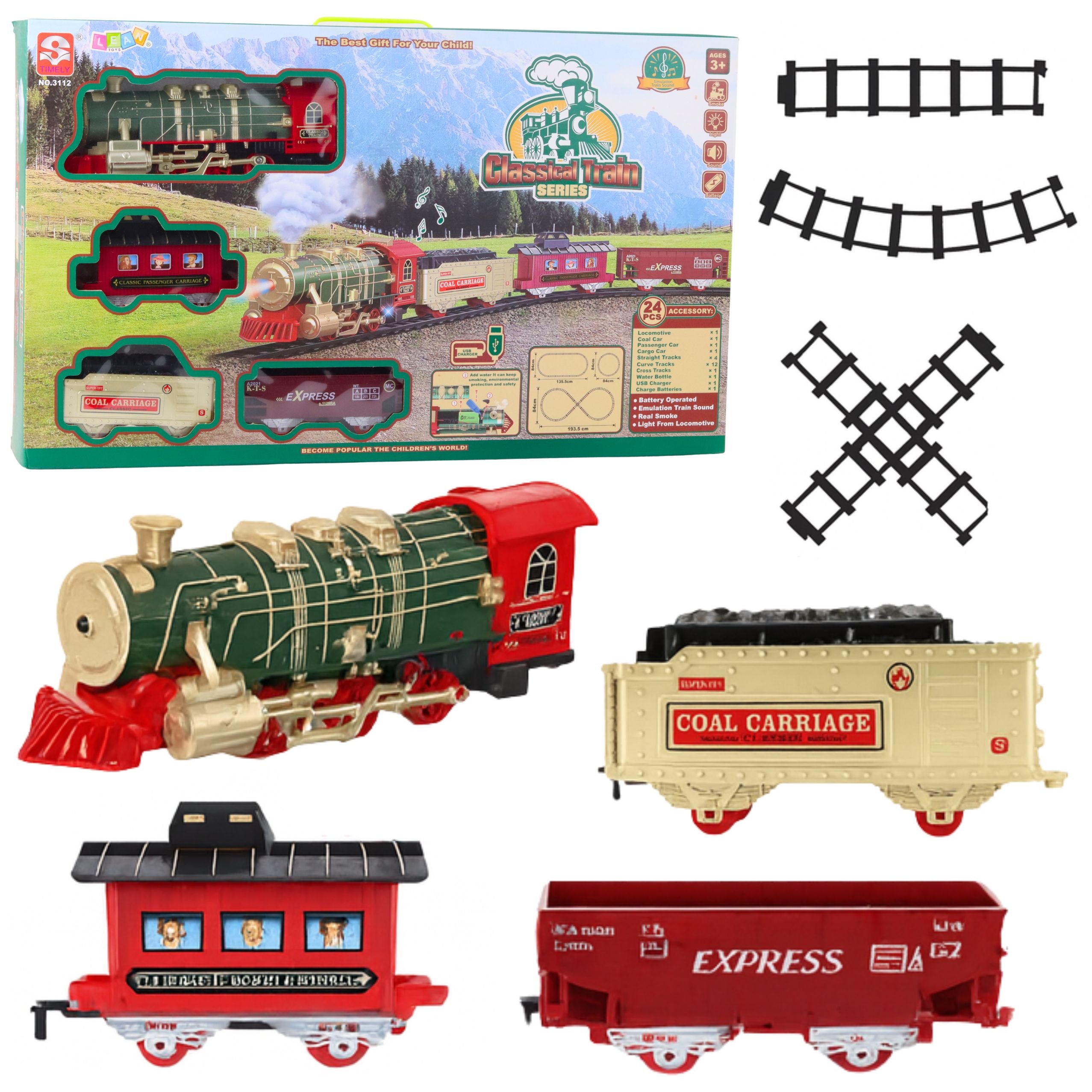 Electric Train Classic Train Lights Sounds Smoke 24 Pcs.