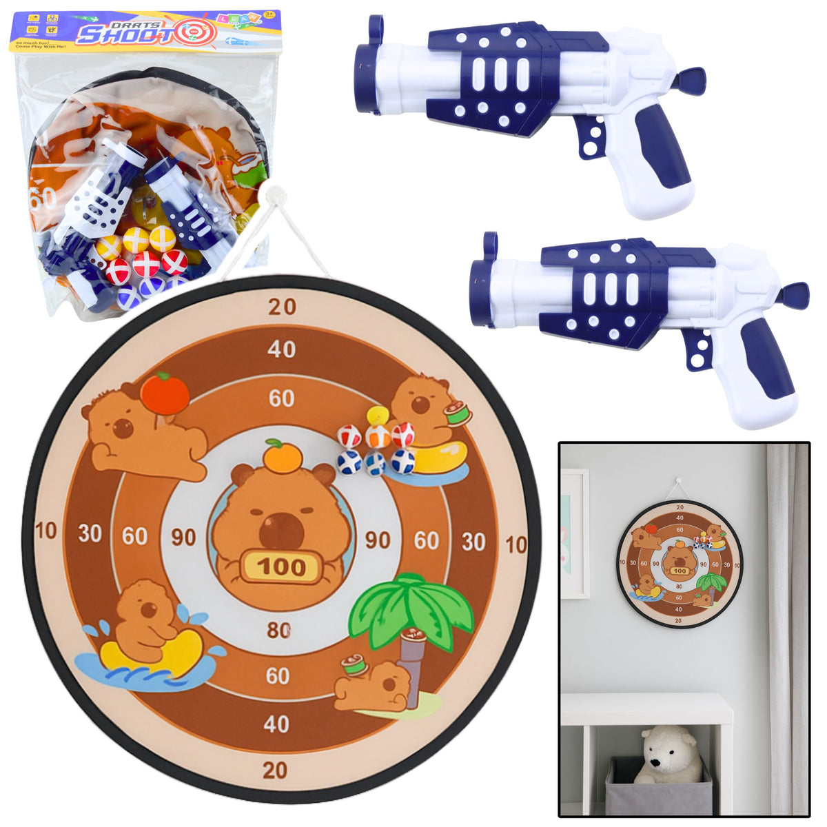Capybara Dartboard Skill Game Velcro Balls Guns 73.5 Cm