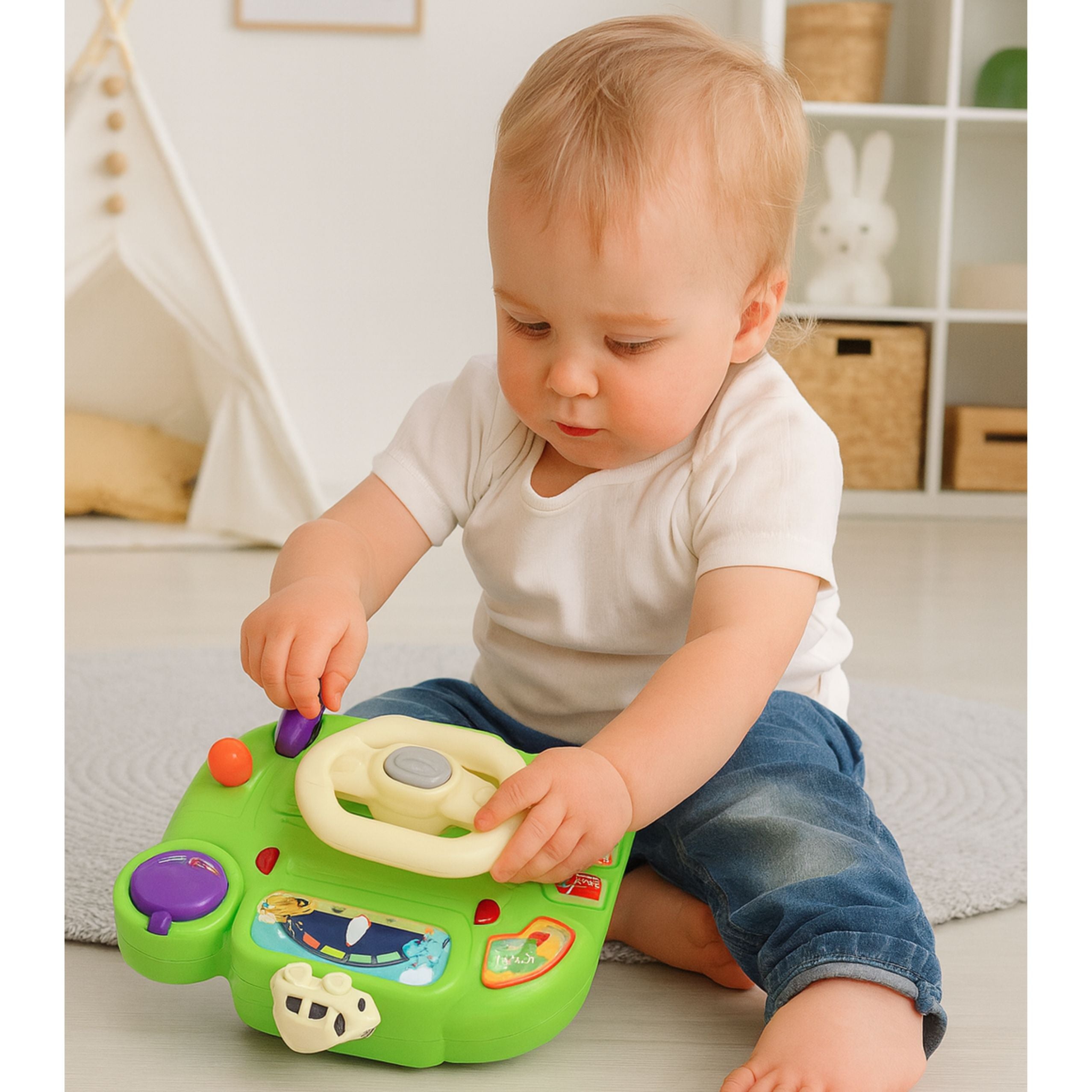 Interactive Steering Wheel For Kids Driving Simulator Lights Sounds Green
