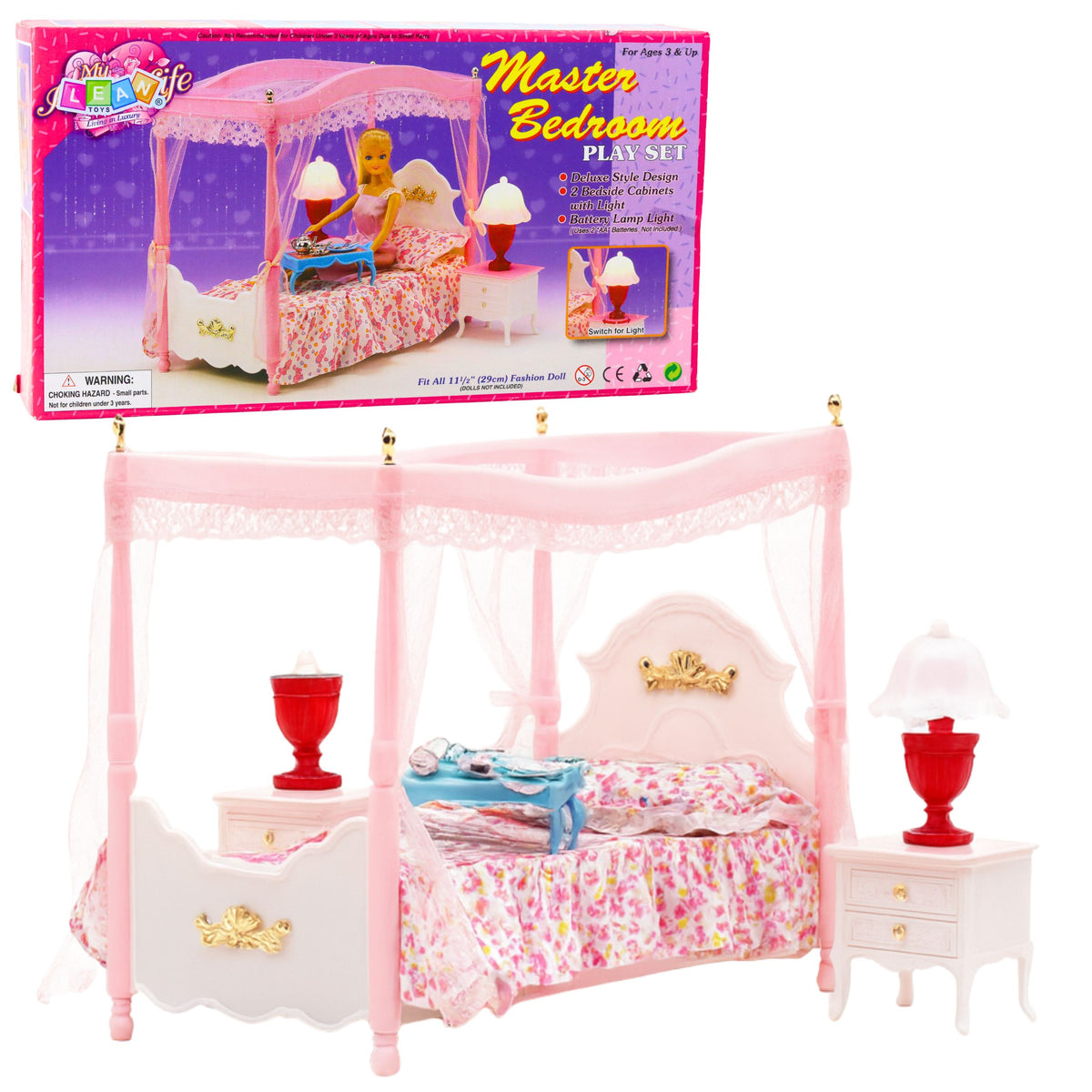 Doll Furniture Set: Canopy Bed Nightstands Lamps