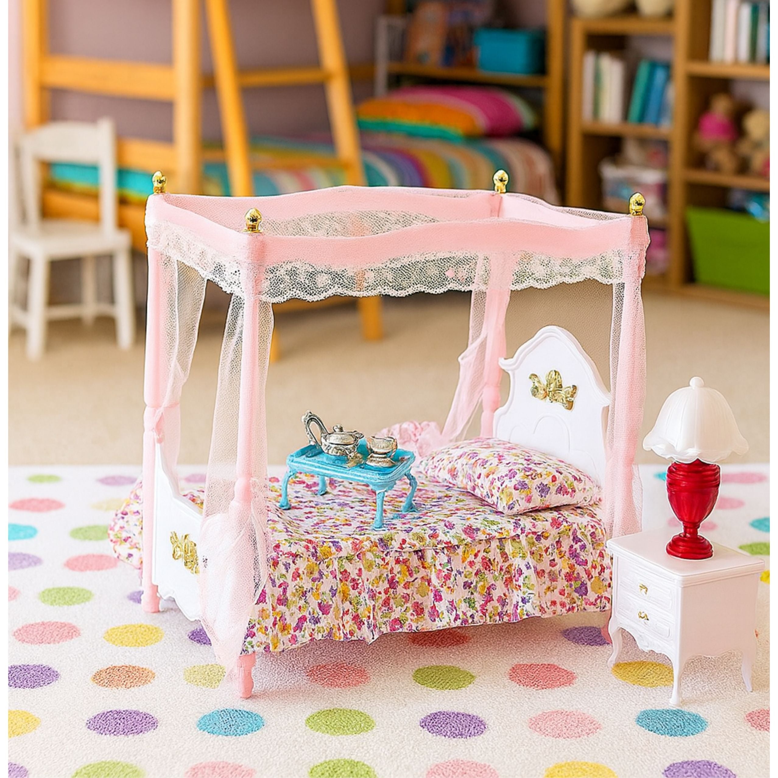 Doll Furniture Set: Canopy Bed Nightstands Lamps