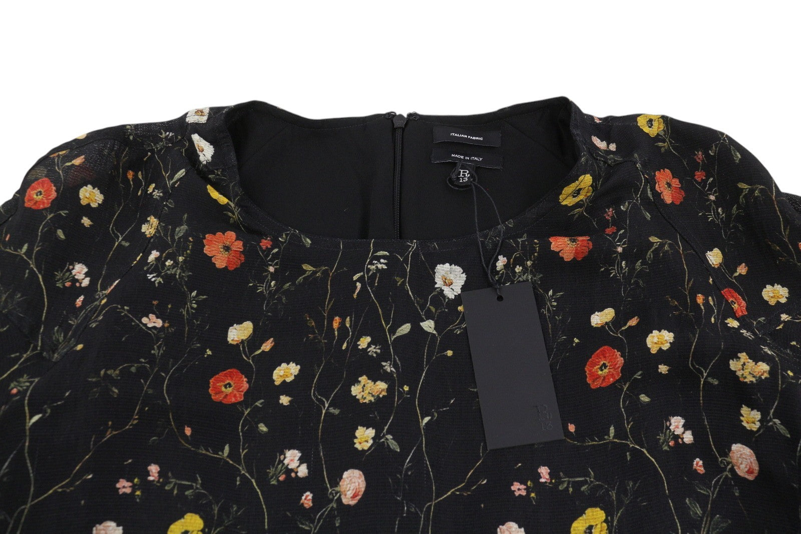 R13 Raglan Sleeve Babydoll Kvinder Dresswool Silke Floral On Black Mini Rrp1299