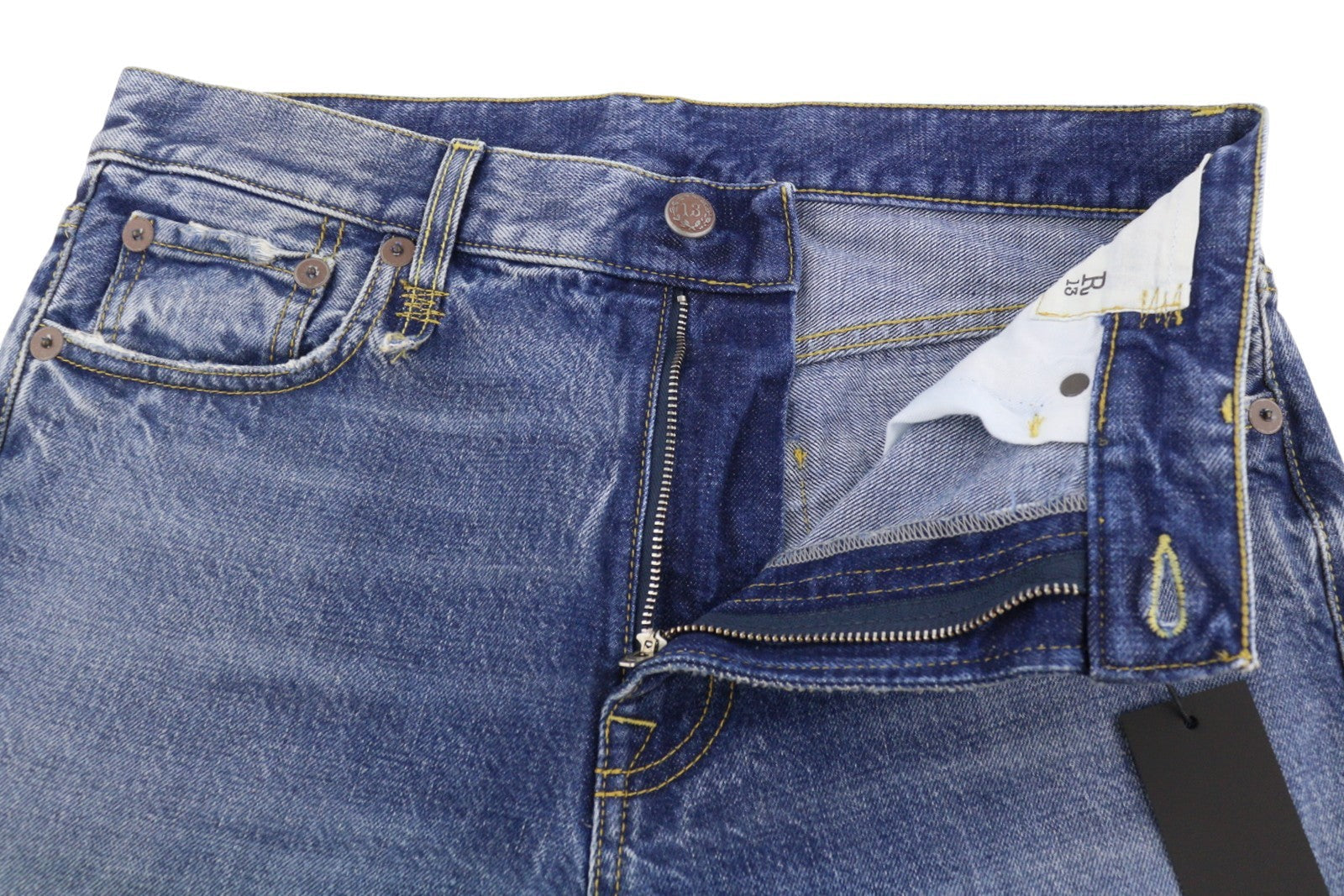 Calça jeans feminina R13 Romeo 28 Hutton Blue Bigodes desbotada reta cortada Pf26