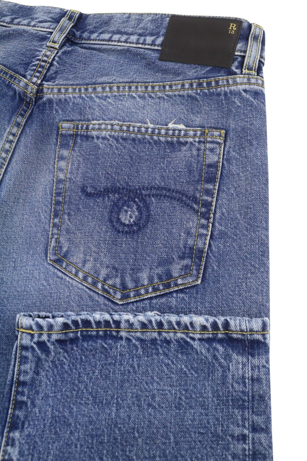 Calça jeans feminina R13 Romeo 28 Hutton Blue Bigodes desbotada reta cortada Pf26