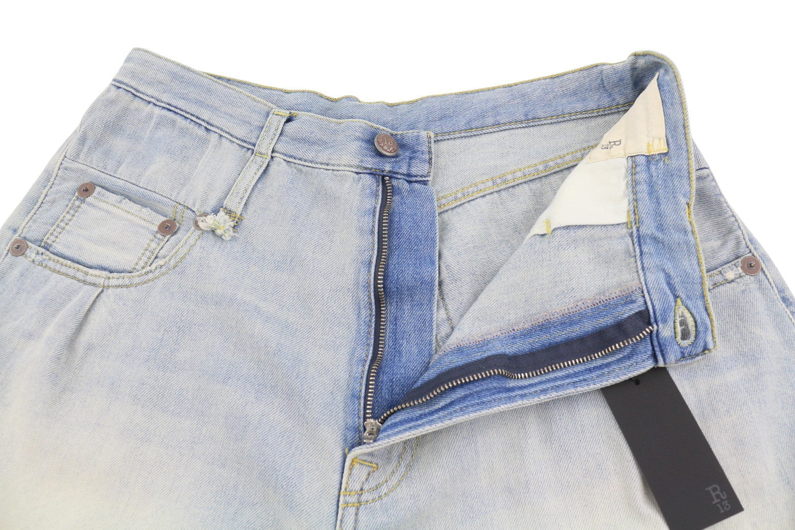 Pantaloncini da donna R13 Double Loop Venti 27 Toni Blu sbiadito baffi piega denim