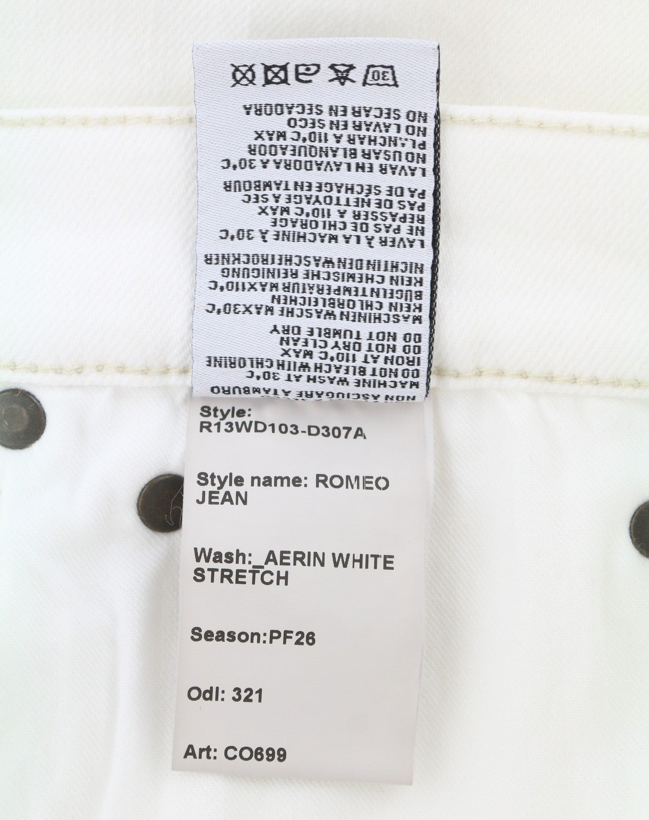 R13 Romeo Mujer Vaqueros 30 Aerin Blanco Stretch Recto Corto Pf26