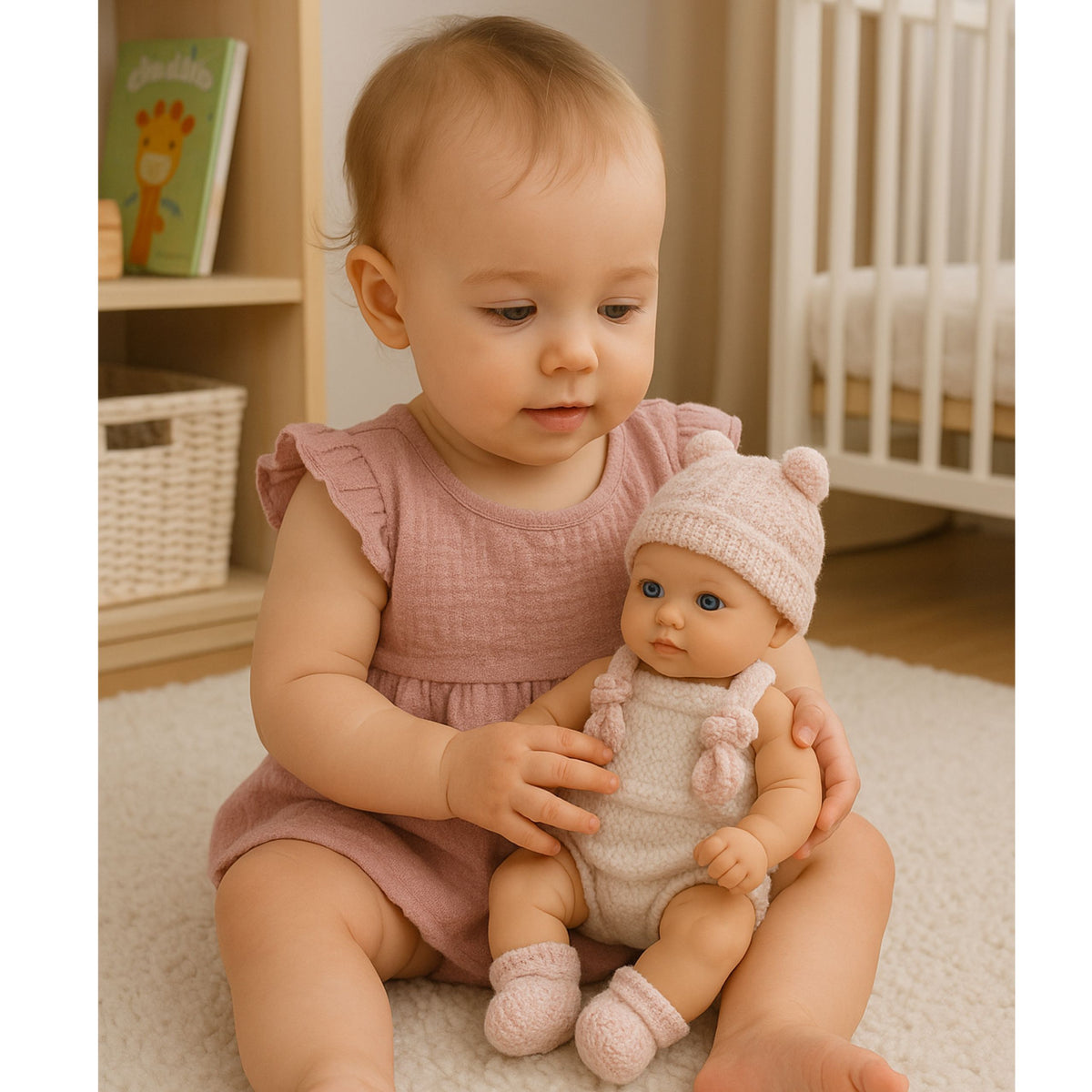 Rosa Outfit für Babypuppen, Mütze, Lätzchen, 18 cm