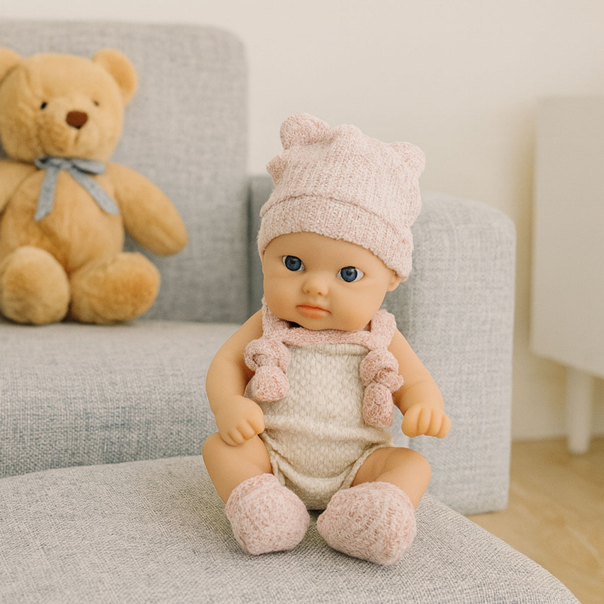 Rosa Outfit für Babypuppen, Mütze, Lätzchen, 18 cm