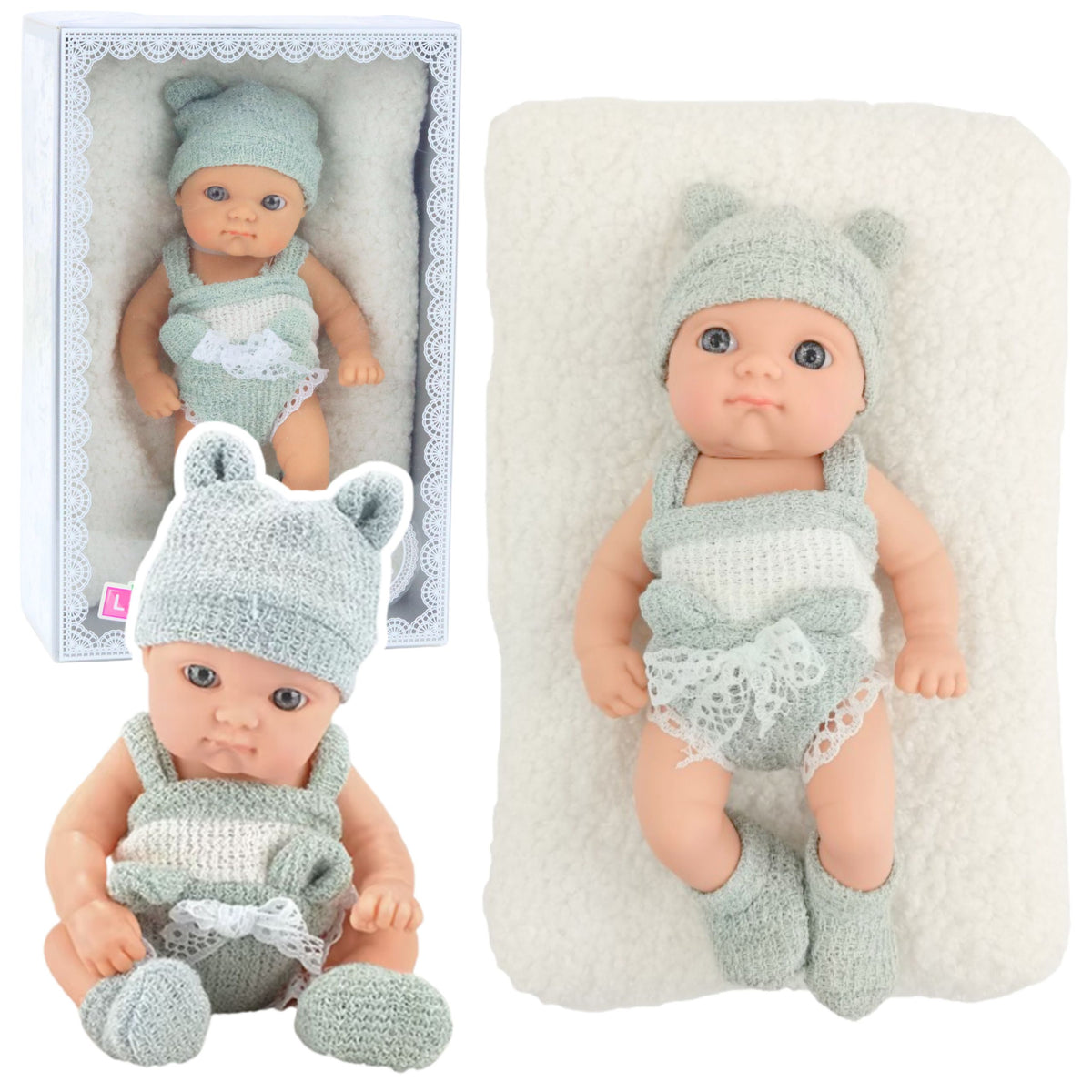 Baby Doll With Blanket White And Gray Outfit Hat 18 Cm