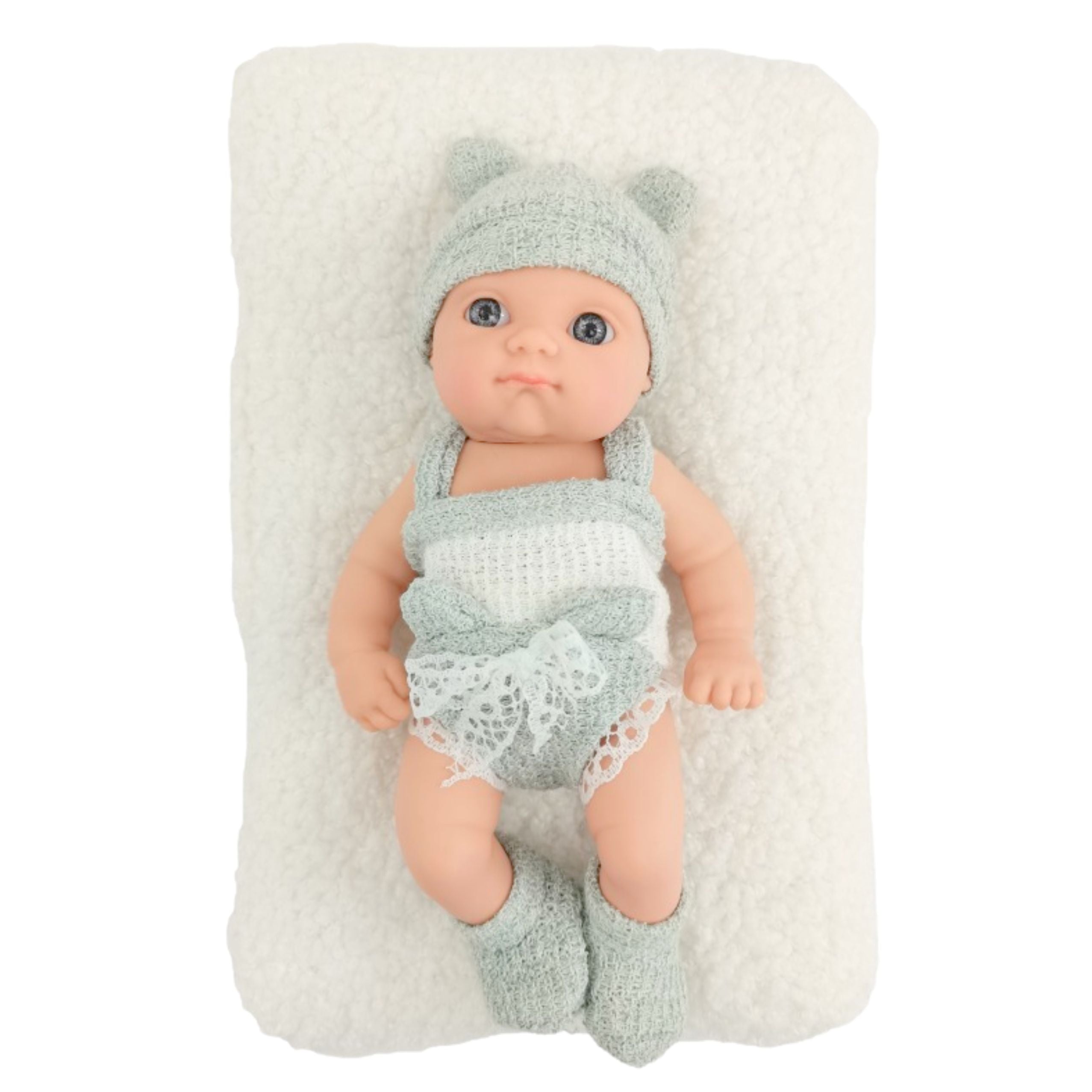 Baby Doll With Blanket White And Gray Outfit Hat 18 Cm