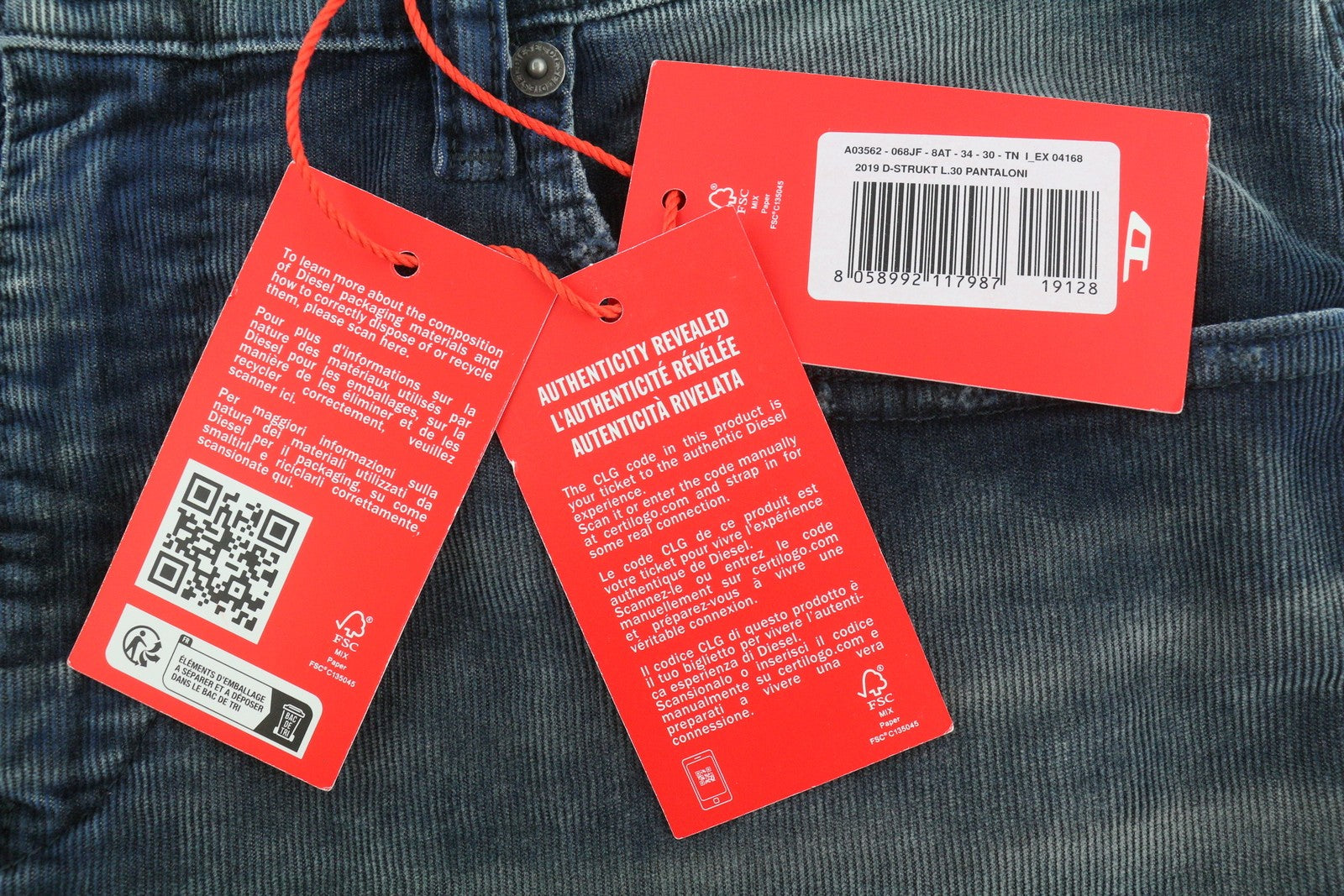 Diesel 2019 D-strukt 068jf Herenbroekblauw Corduroy Slim Fit Rrp225