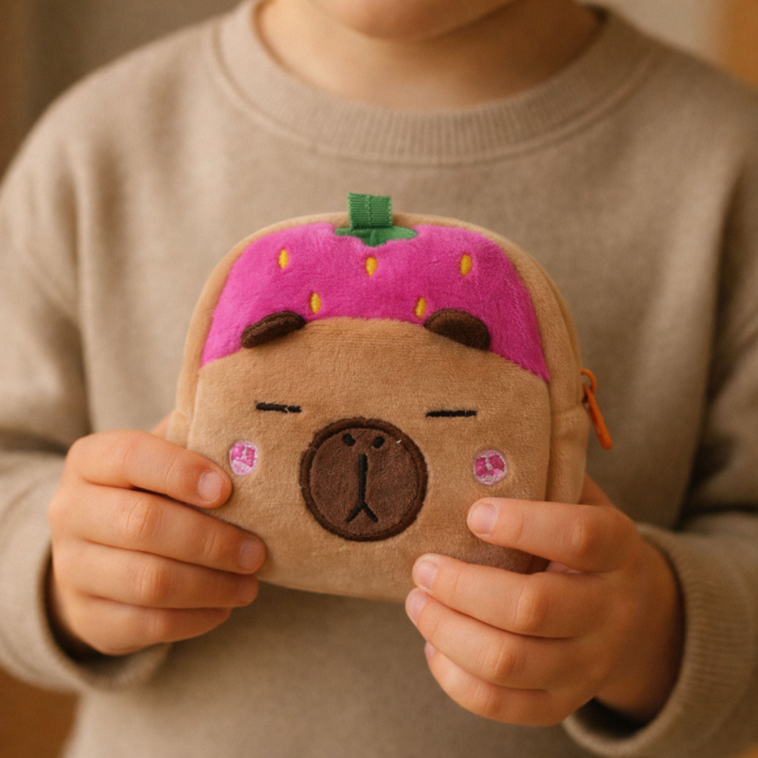Plush Wallet With Keychain Capybara Strawberry Pink 9.5 X 8 Cm