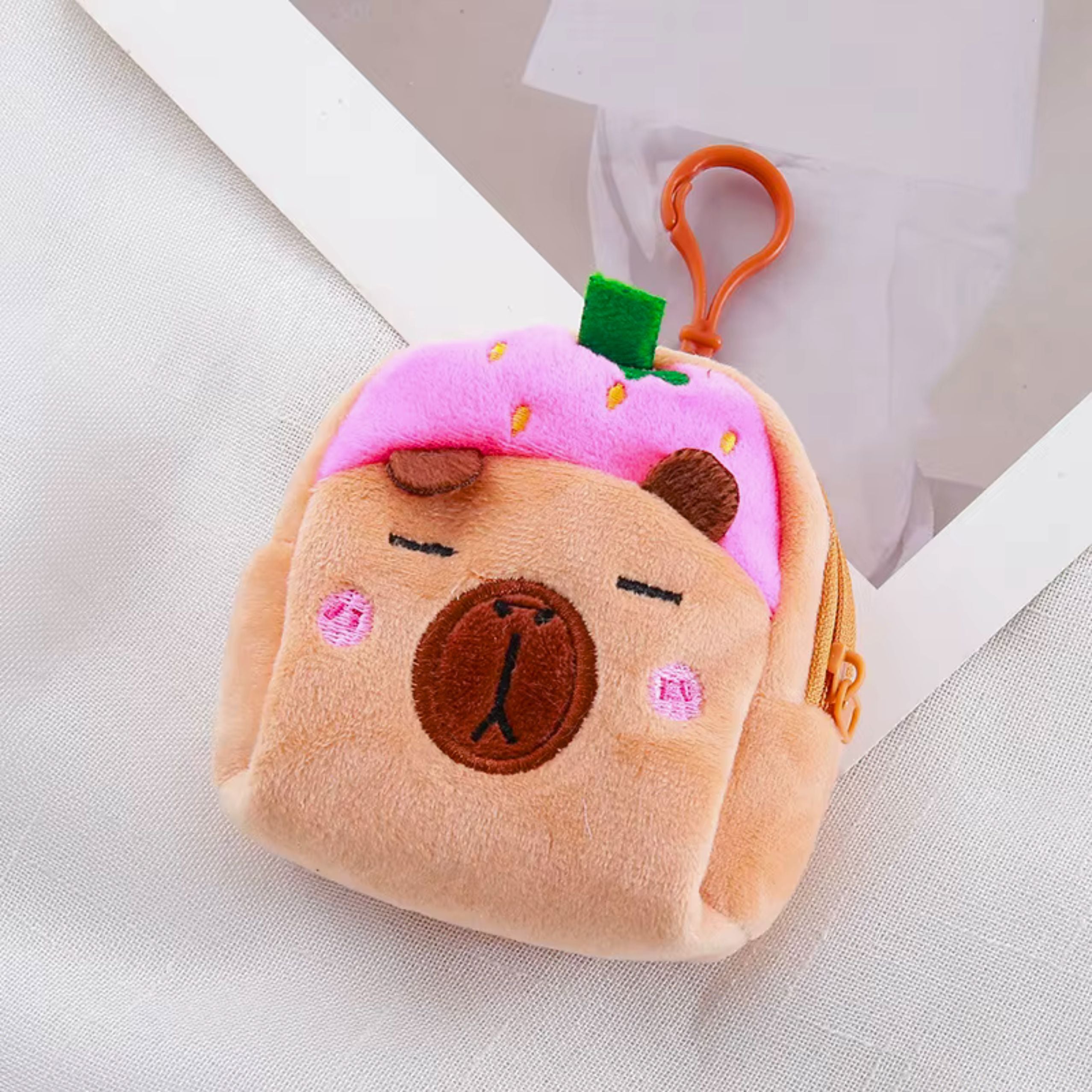 Plush Wallet With Keychain Capybara Strawberry Pink 9.5 X 8 Cm