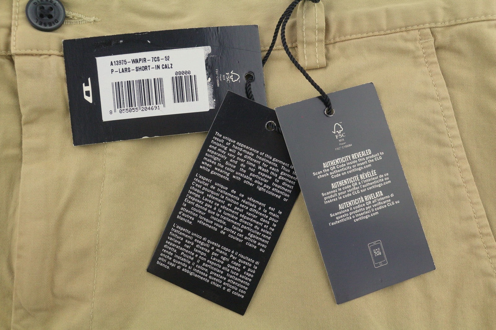 Diesel P-lars-short-in herenshorts 52bruine klassieke chino met ritssluiting Rrp120
