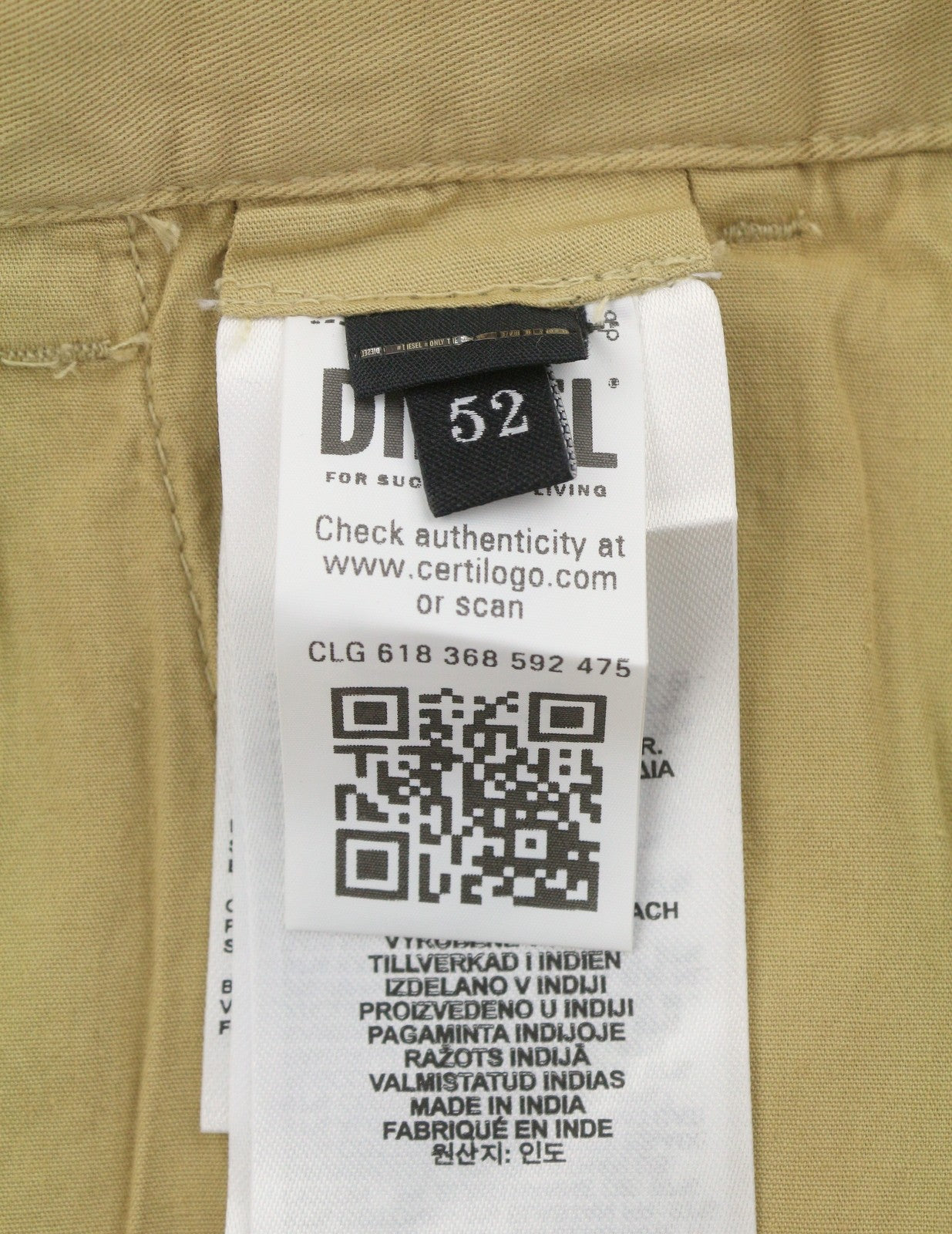 Diesel P-lars-short-in herenshorts 52bruine klassieke chino met ritssluiting Rrp120