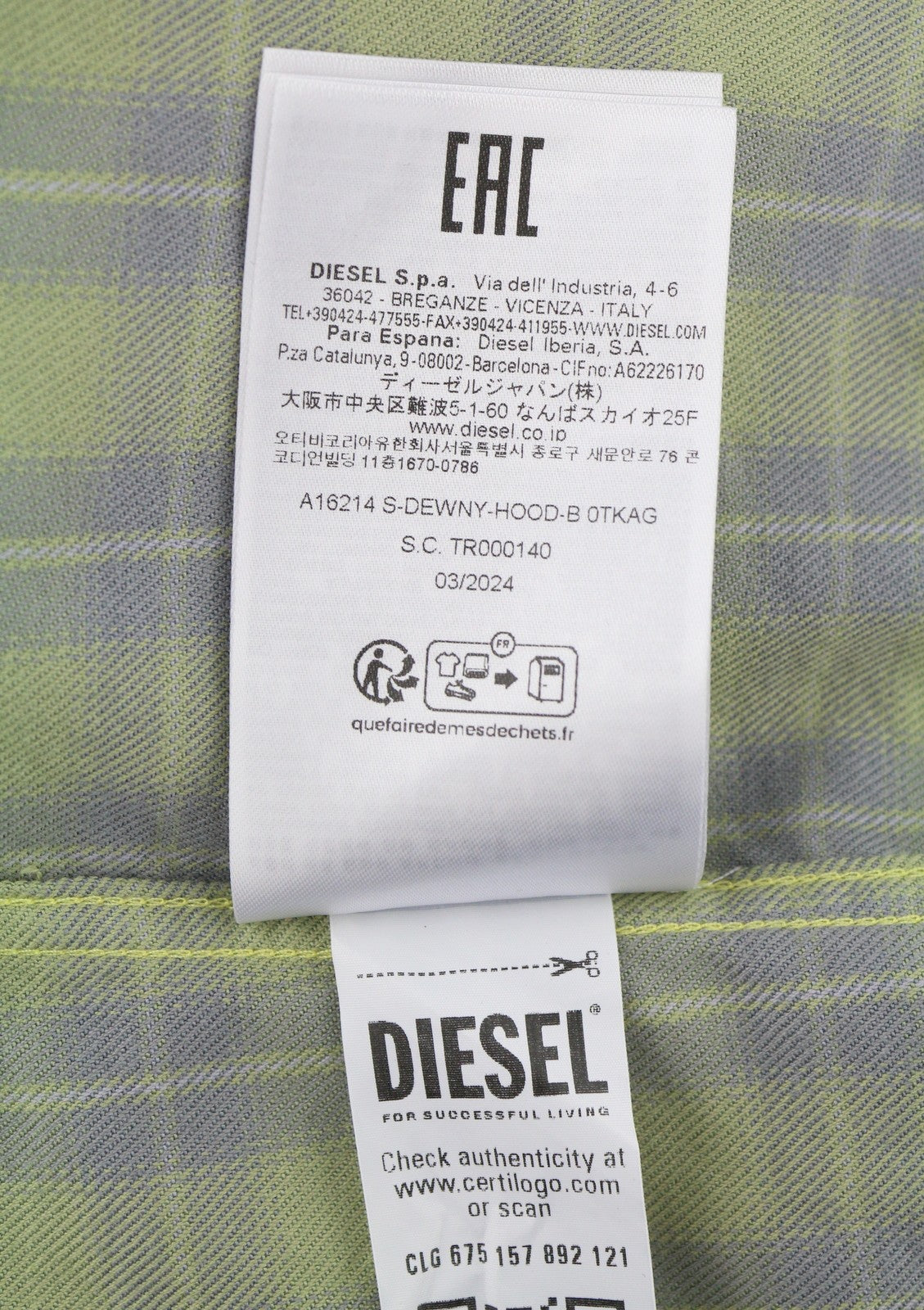 Diesel S-dewny-hood-b Heren shirtgroen geruit flanel overshirt met capuchon Rrp275
