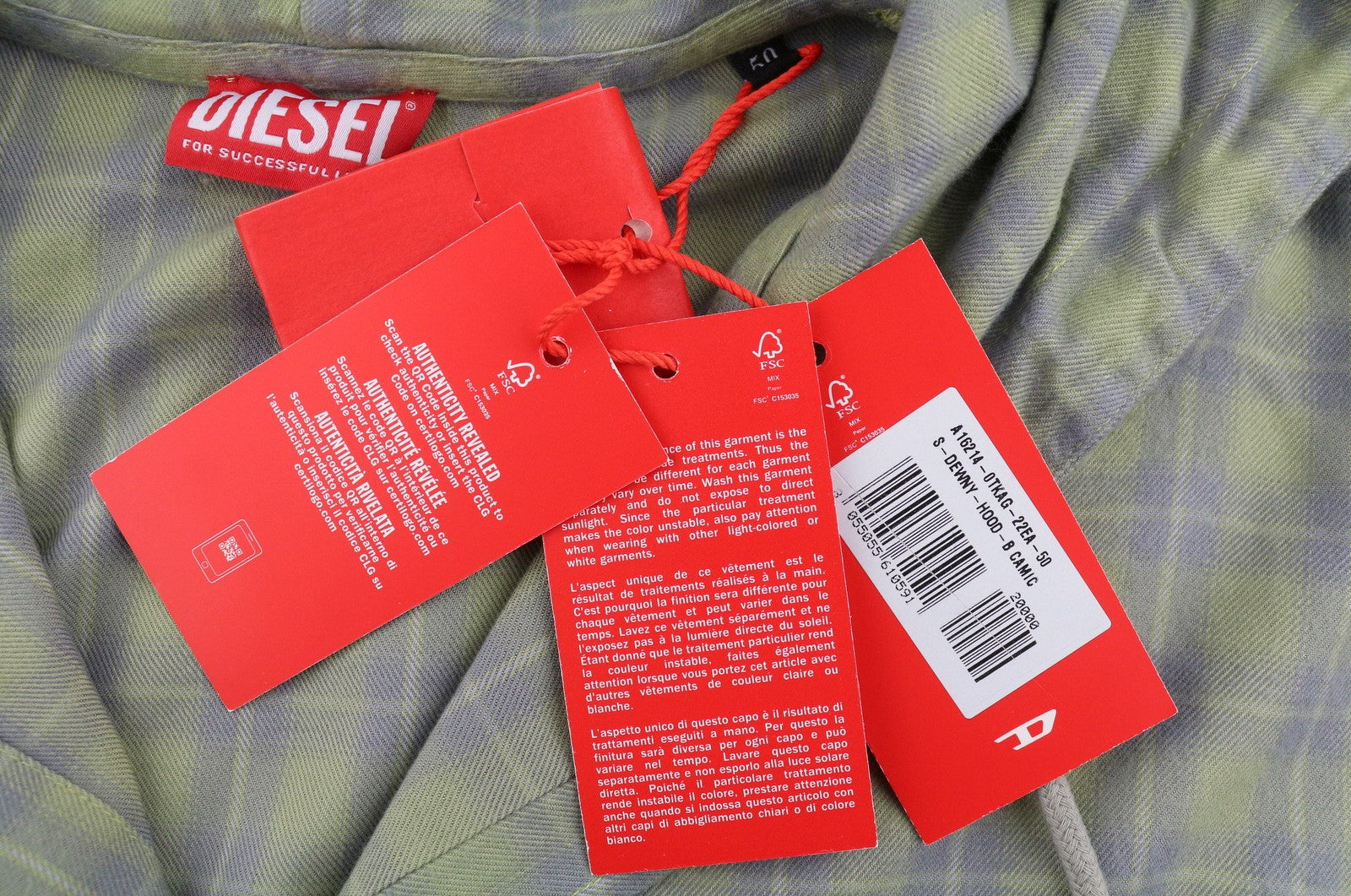Diesel S-dewny-hood-b Heren shirtgroen geruit flanel overshirt met capuchon Rrp275
