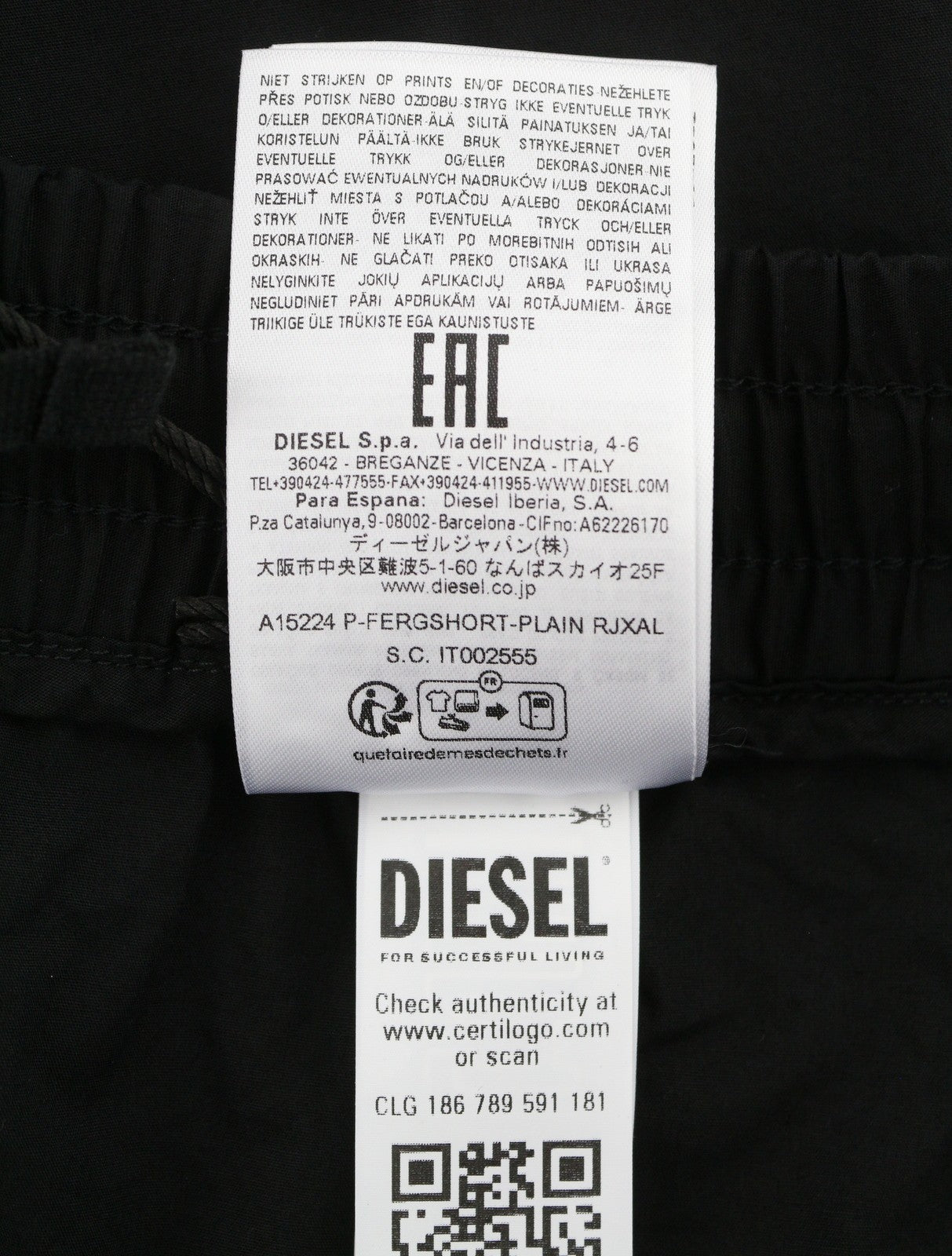 Diesel P-fergshort-plain Men Shorts 54black Elastická šňůrka v pase Rrp175