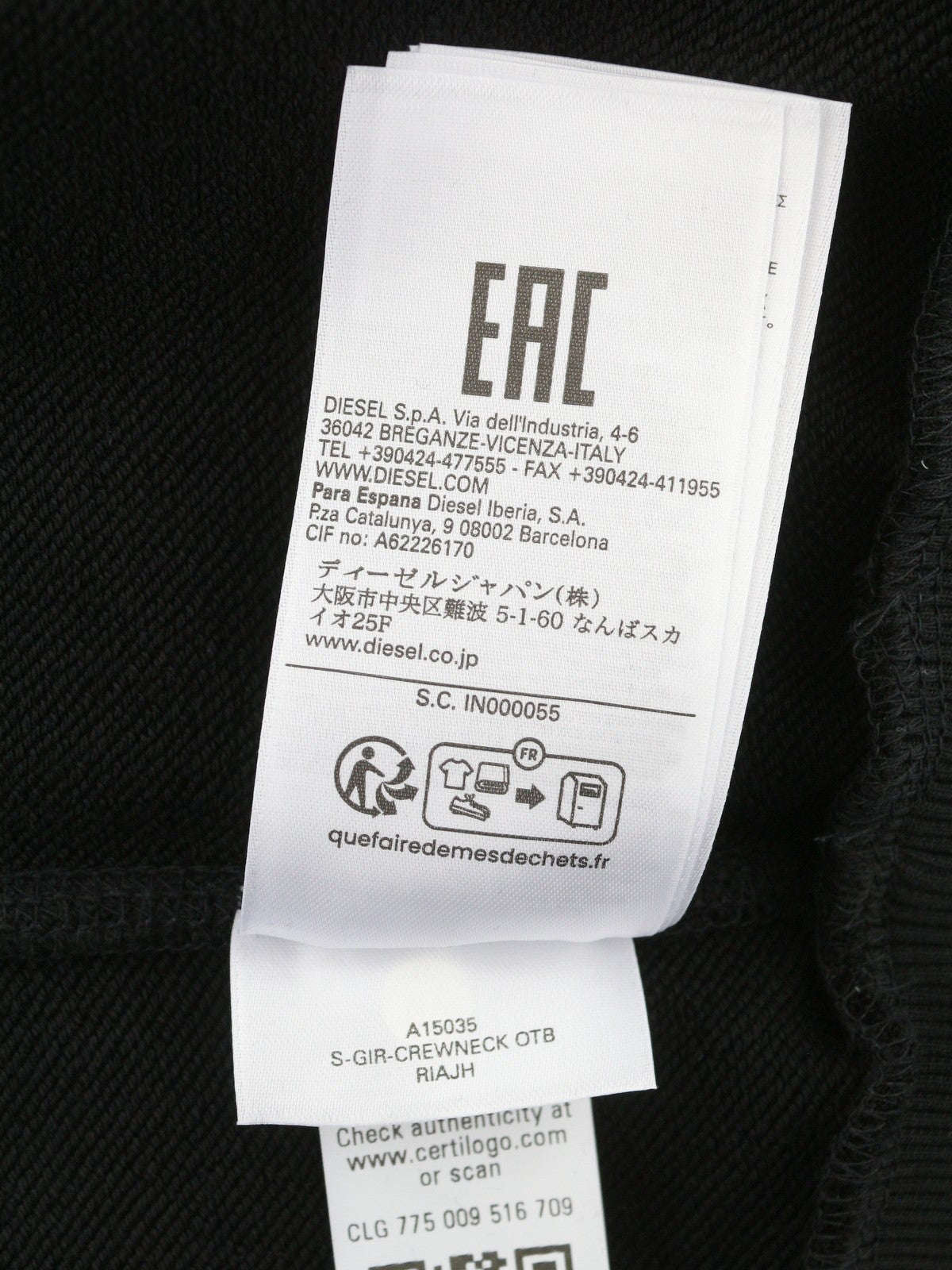 Díosal S-gir-crewneck Otb Fir Sweatshirt dubh Cotton Crew Muineál Tarraing Ar Rrp175