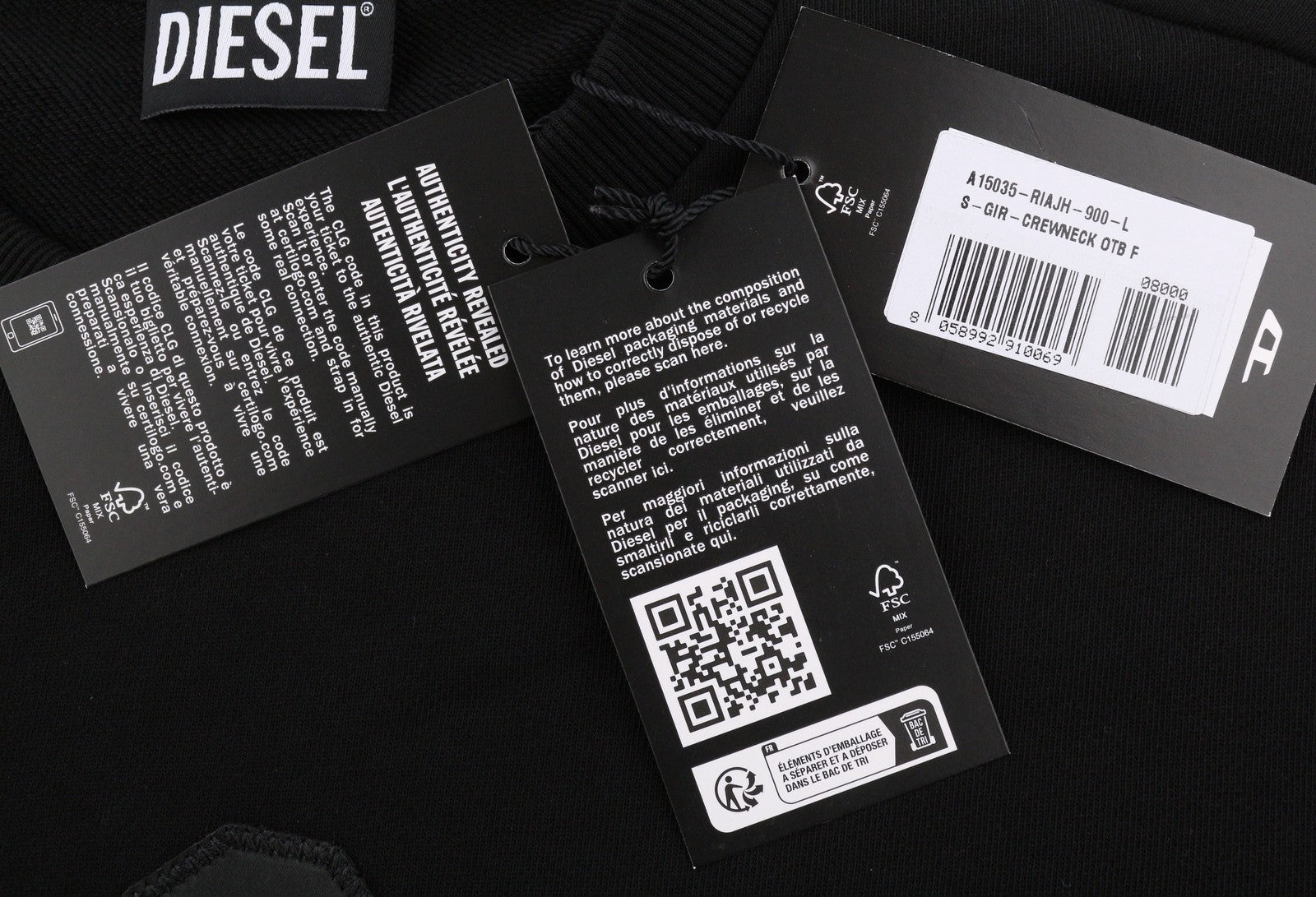 Díosal S-gir-crewneck Otb Fir Sweatshirt dubh Cotton Crew Muineál Tarraing Ar Rrp175
