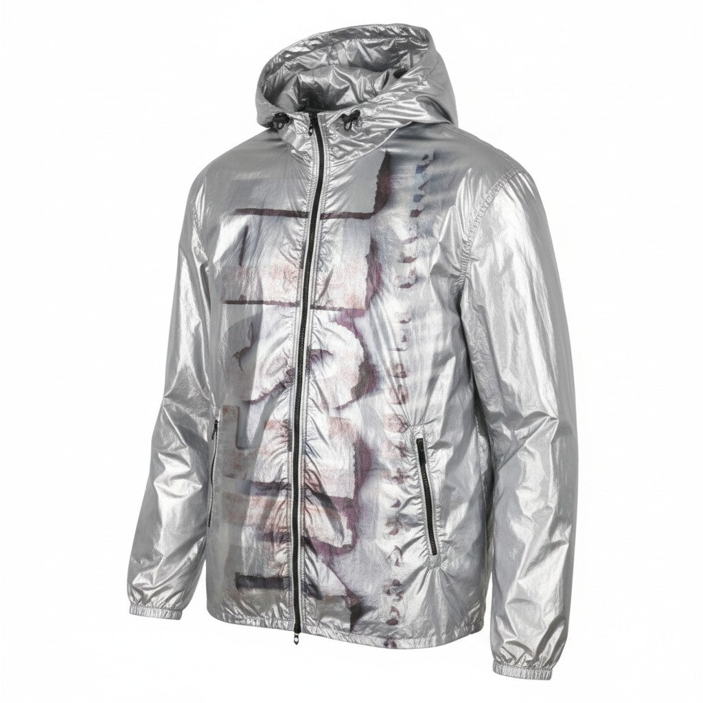 Diesel J-otte Men Jacketshiny Silver Hooded Windbreaker Lightweight Rrp295