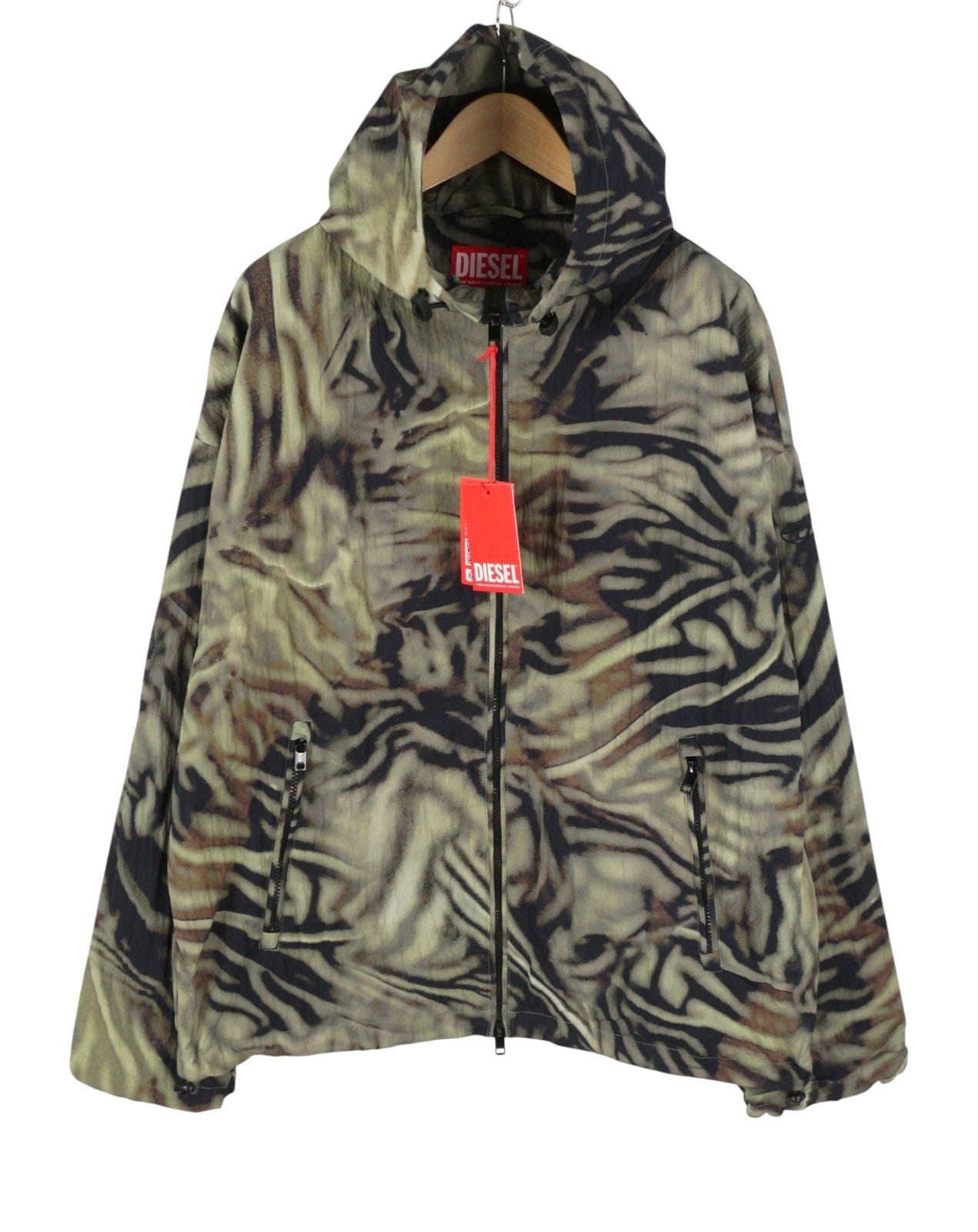 Diesel J-Leopold-Zebra Herrenjacke, grüner Kapuzen-Windjacke, leicht, RRP275