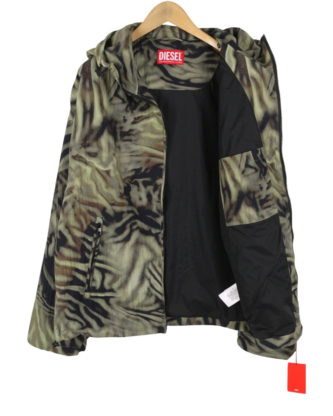 Diesel J-Leopold-Zebra Herrenjacke, grüner Kapuzen-Windjacke, leicht, RRP275