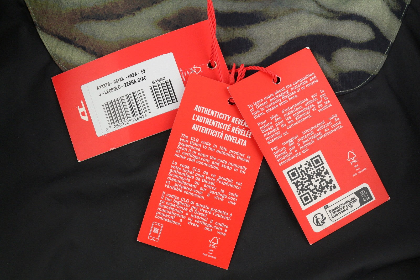 Diesel J-leopold-zebra mænd jakkegrøn hætte vindjakke letvægts Rrp275