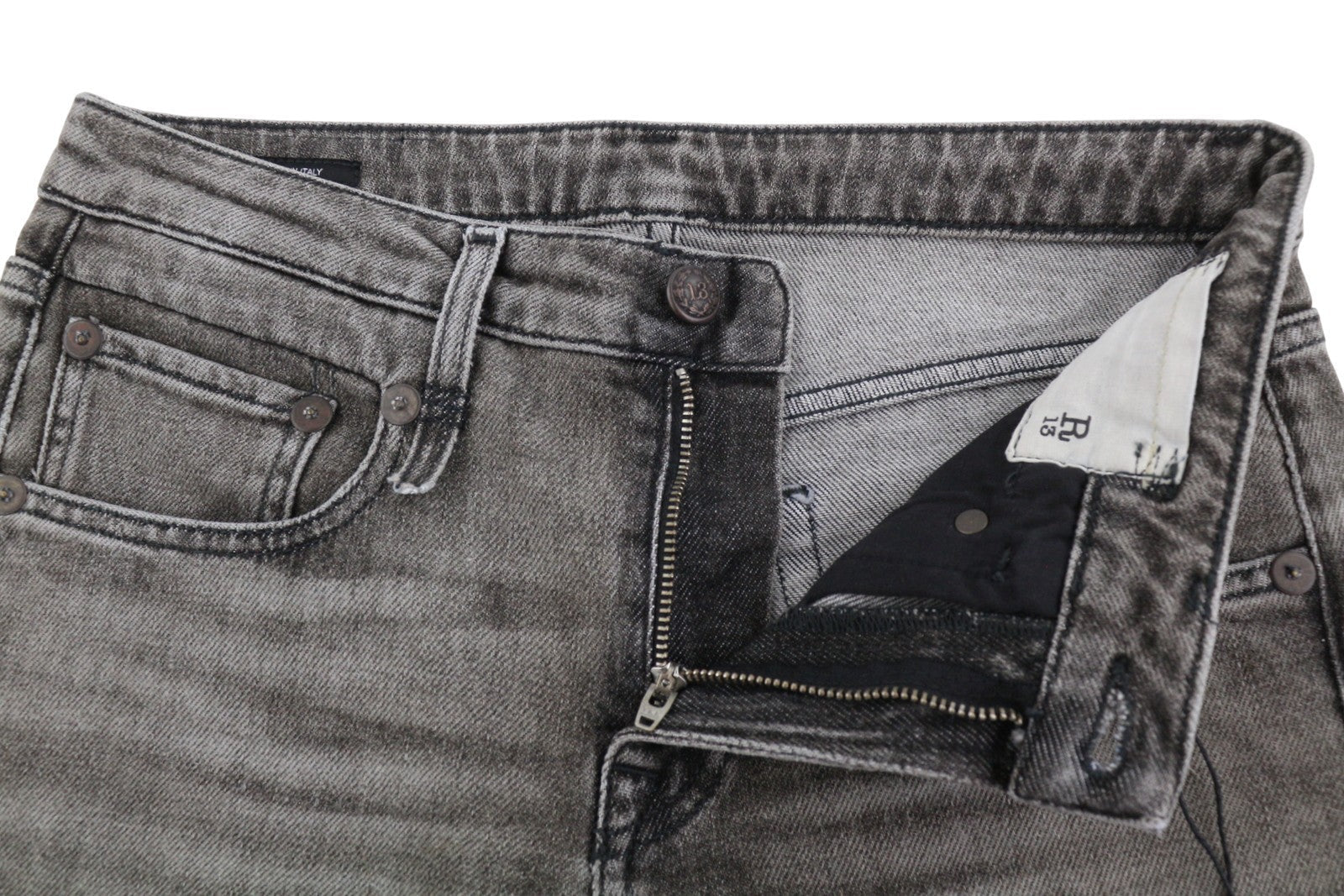 R13 Boy Straight Women Jeans 26 Abbey Black Whiskers Faded Distress Cropped Ps26