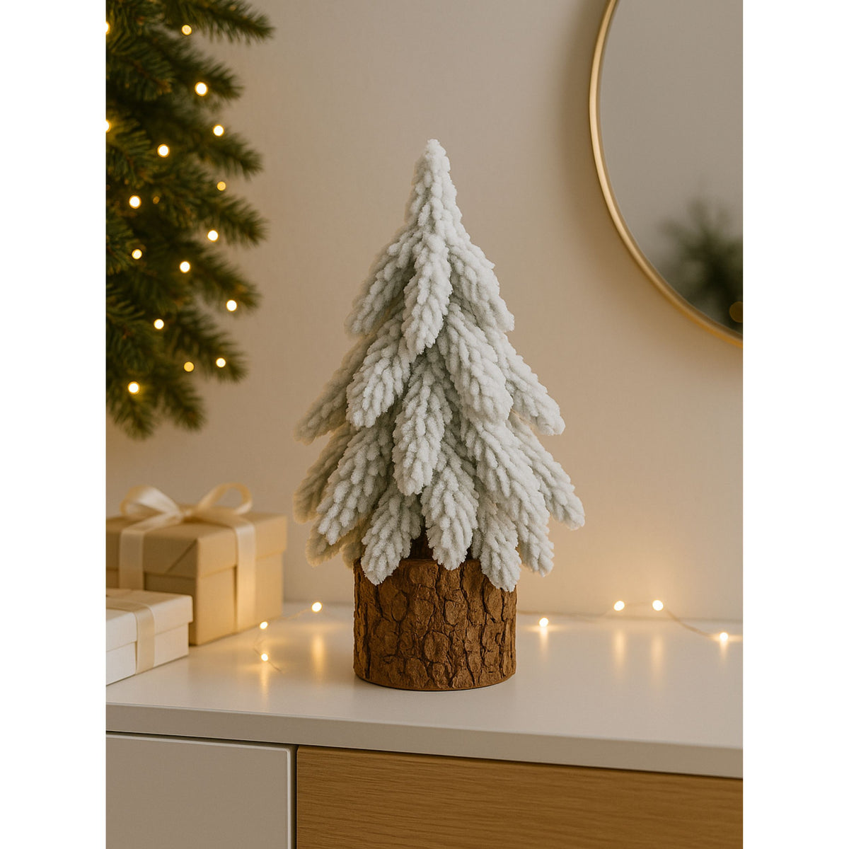 Dekoratív mesterséges karácsonyfa egy hóval borított törzsön 20 x 9 cm