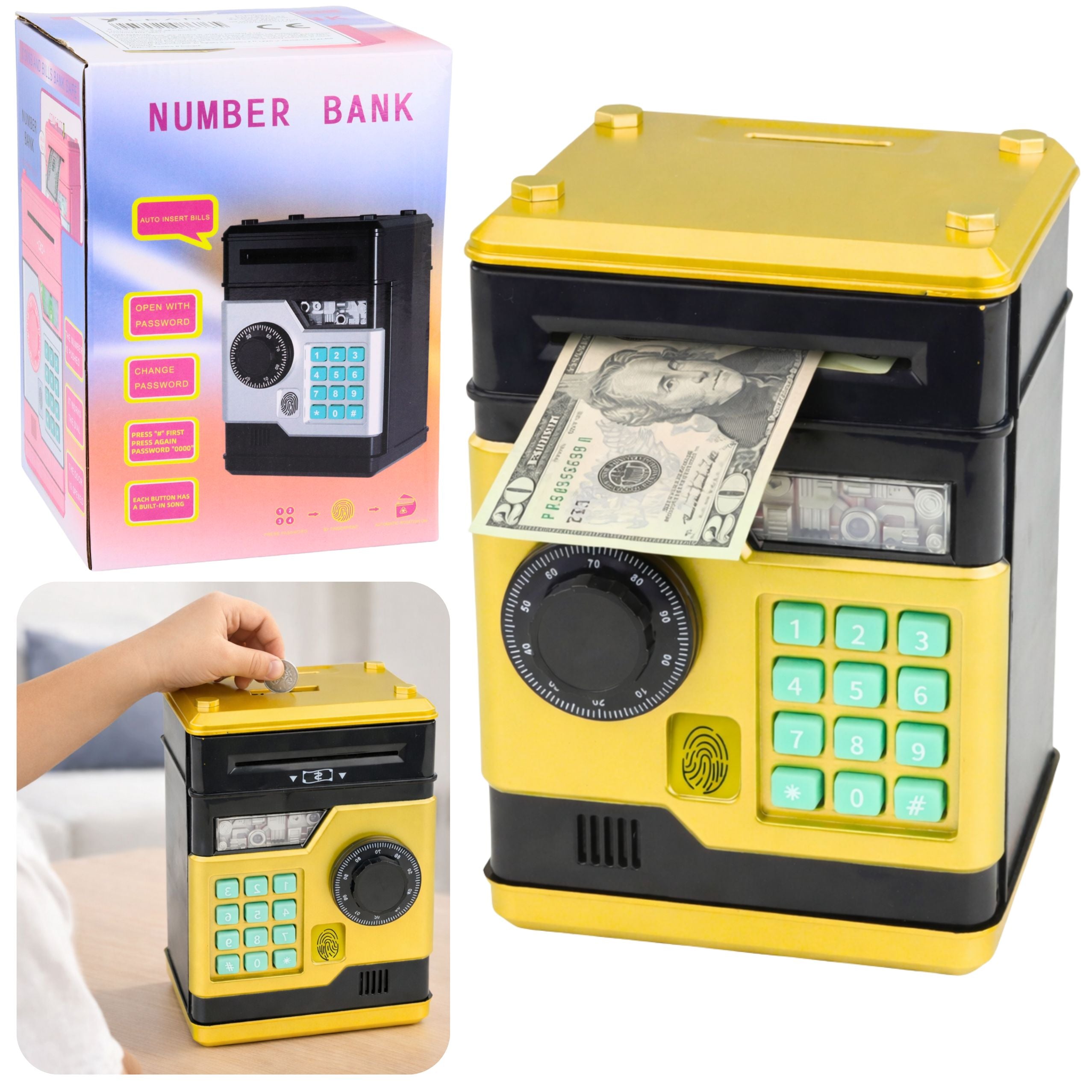 Atm Electronic Safe Piggy Bank Lights Sounds Pin Code Gold