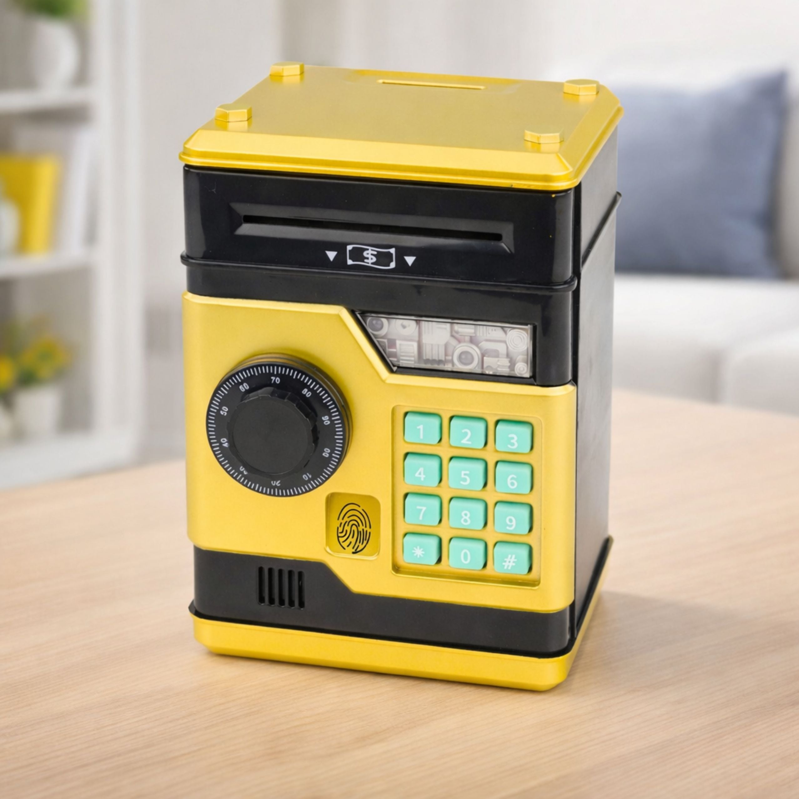 Atm Electronic Safe Piggy Bank Lights Sounds Pin Code Gold