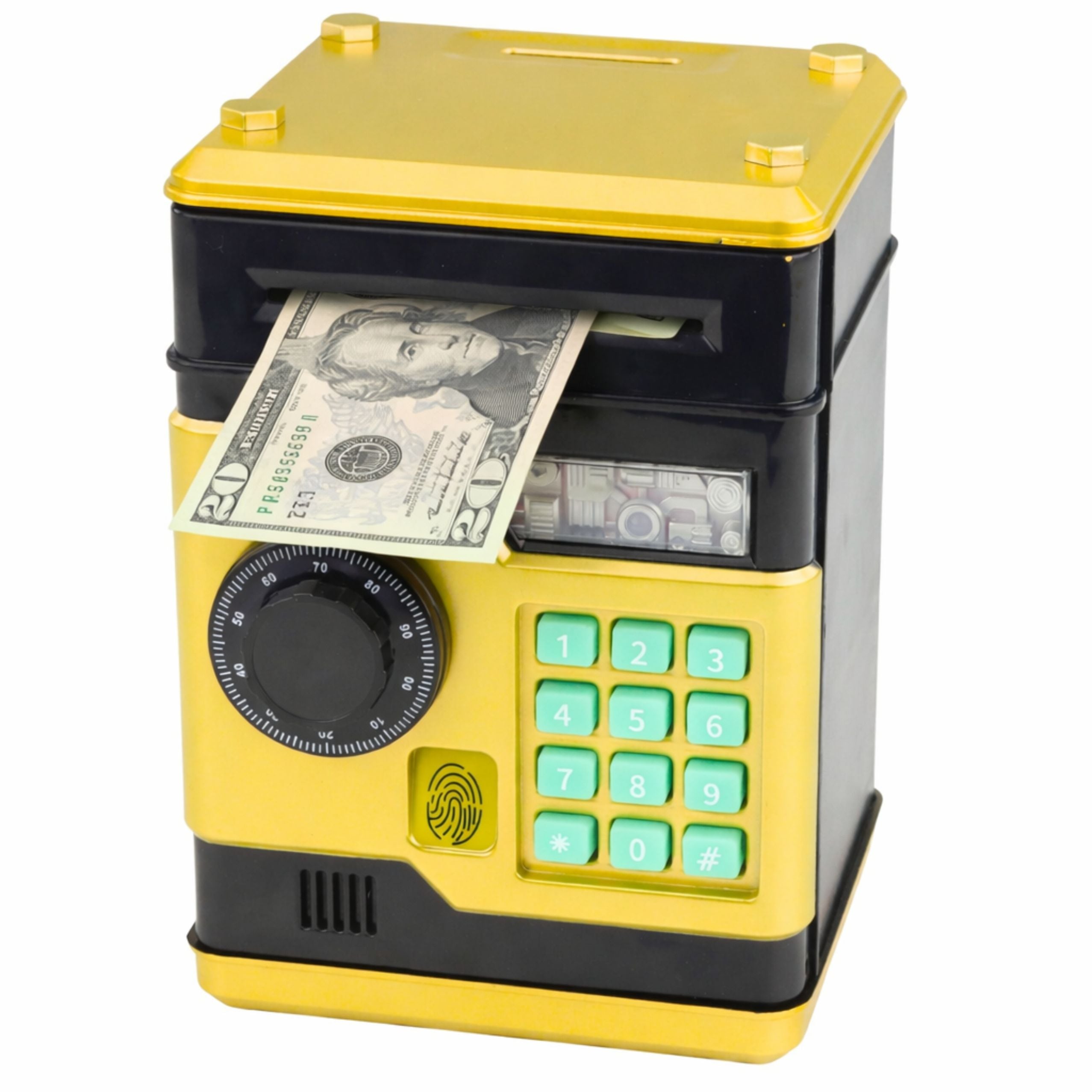 Atm Electronic Safe Piggy Bank Lights Sounds Pin Code Gold